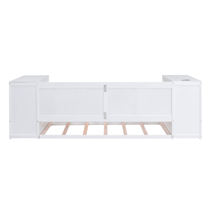 Twin Size Daybed with Storage Arms, Trundle and Charging Station, White