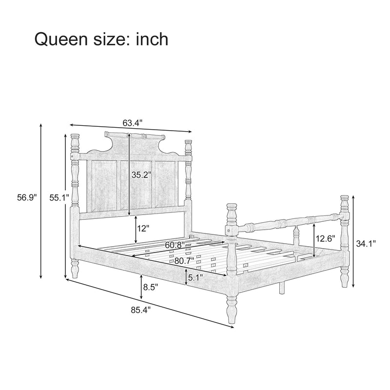 Vintage Country Style 4 Poster Platform Bed With High Crown Like Headboard, No Box Spring Needed