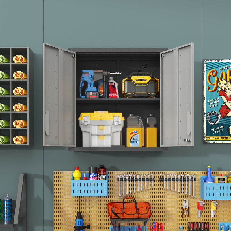 Metal Wall Mounted Tool Storage Cabinet With 2 Locking Doors, Adjustable Shelf, And Drawer