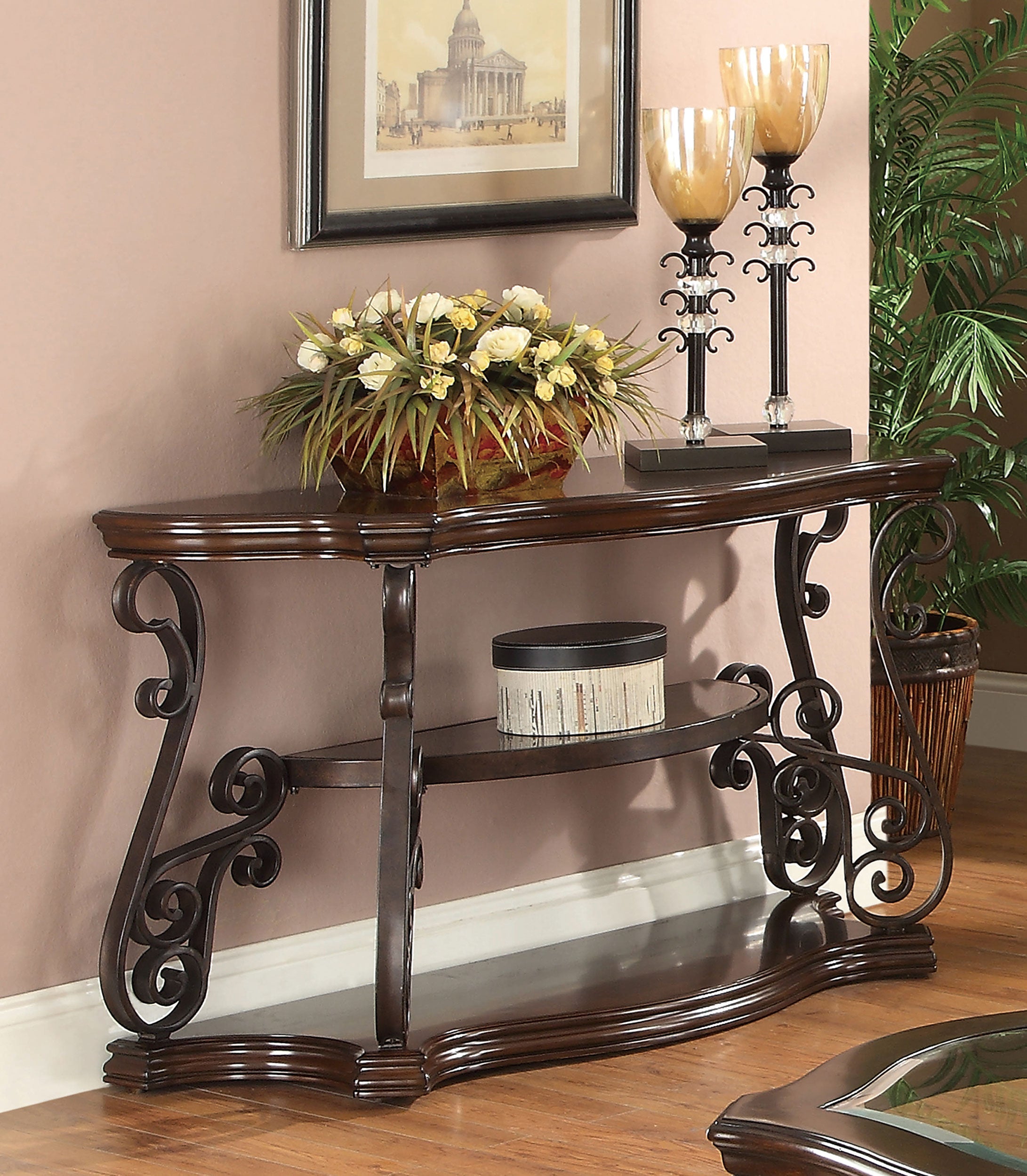 Laney Scrollwork Entryway Sofa Console Table Deep Merlot — view 2