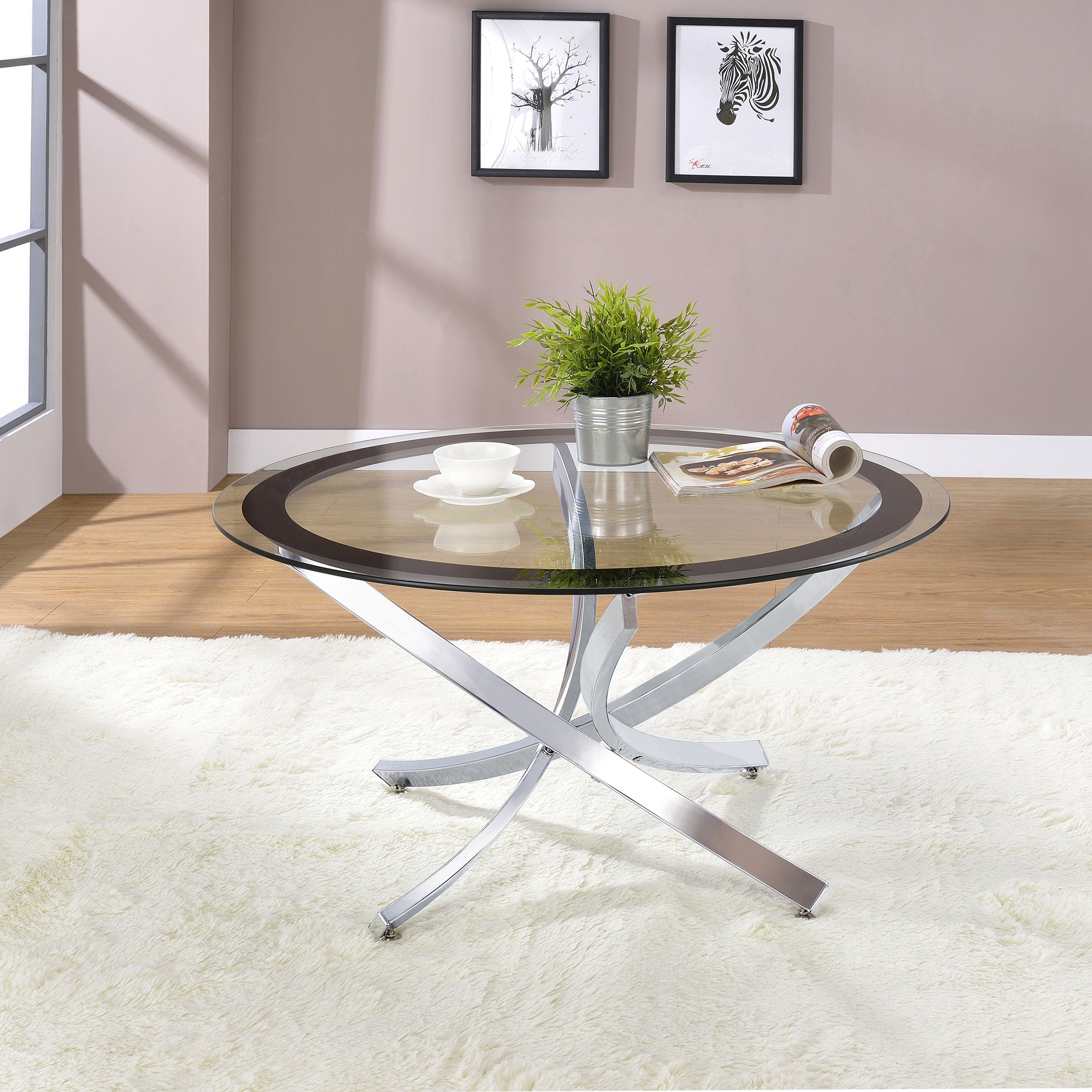 Brooke Round Glass Top Coffee Table Metal Base Chrome — view 2