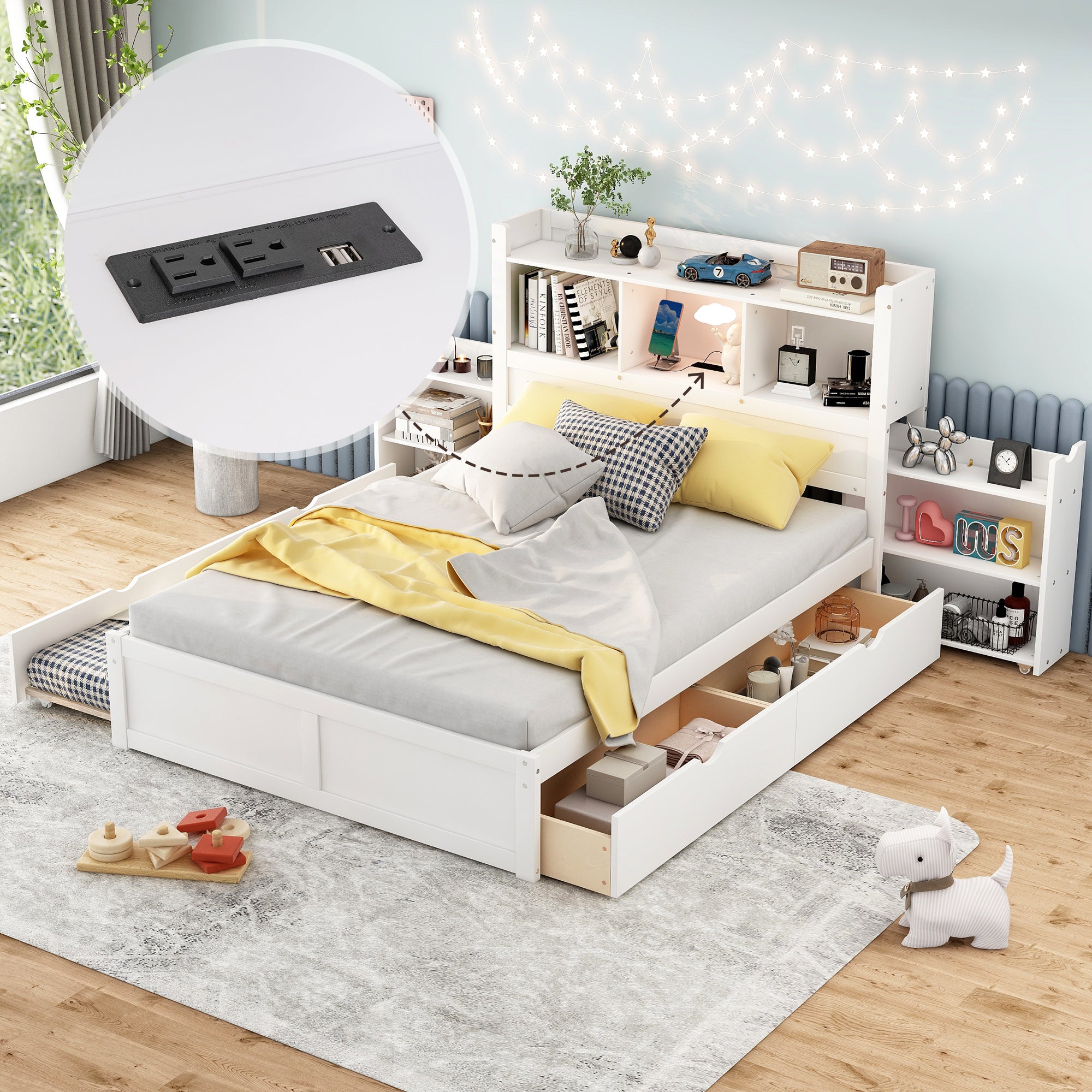 Full Size Storage Platform Bed with Pull Out Shelves, Twin Size Trundle and 2 Drawers, White - Atlantic Fine Furniture Melbourne FL