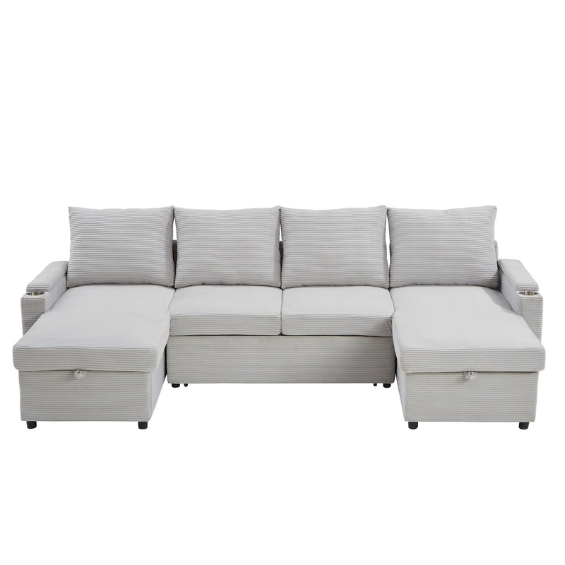 U Shaped Sectional Sofa Bed With Storage Chaise Lounges, USB Ports, And Cup Holders