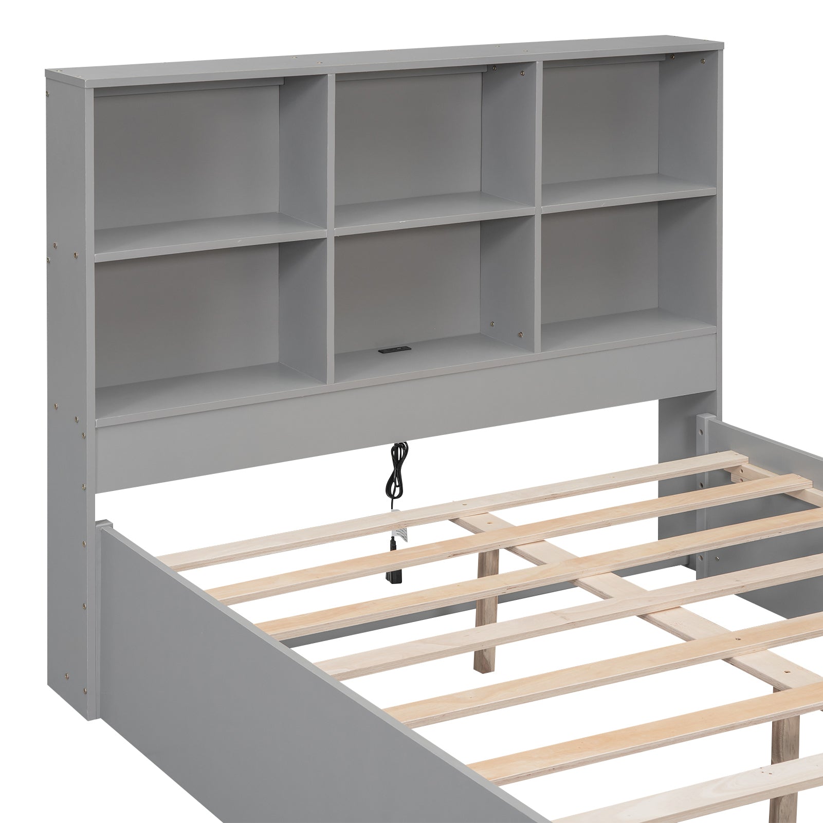 Full Size Platform Bed with Storage Headboard, Charging Station and 2 Drawers, Gray - Atlantic Fine Furniture Melbourne FL