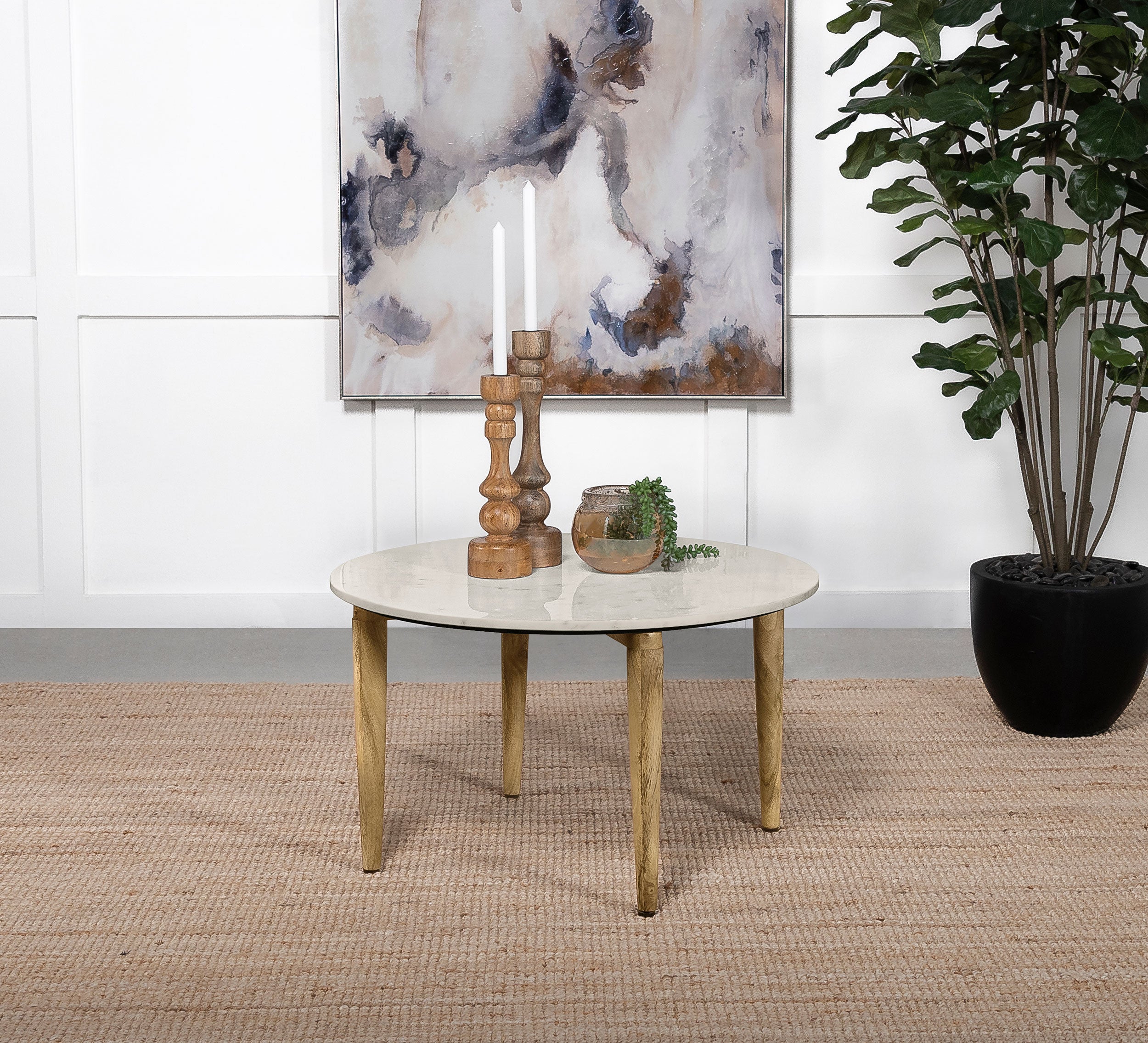 Aldis Round Marble Top Coffee Table White and Natural — view 2
