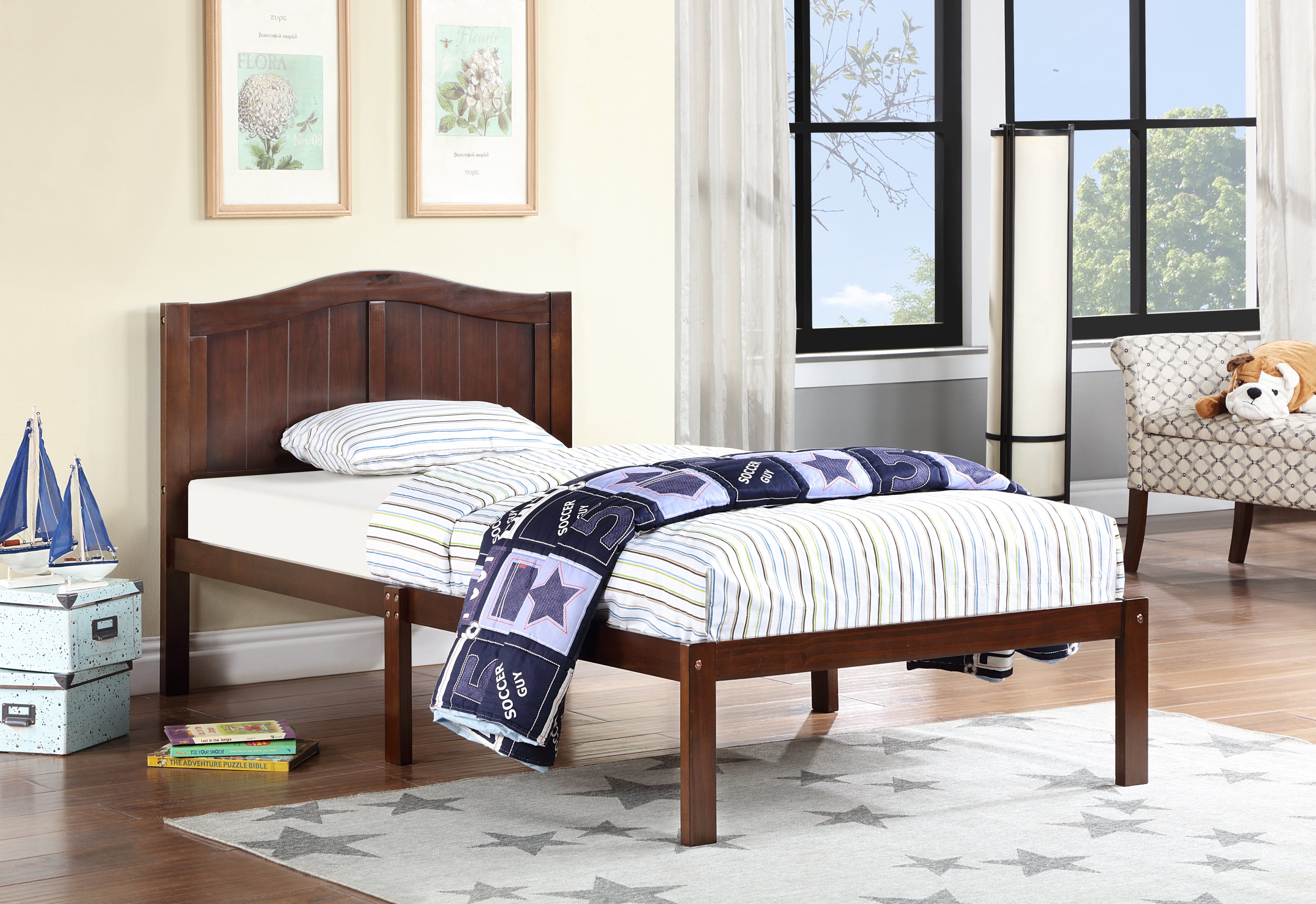 Twin Size Bed, Wood Platform Bed Frame with Headboard For Kids, Slatted, Dark Walnut - Atlantic Fine Furniture Melbourne FL
