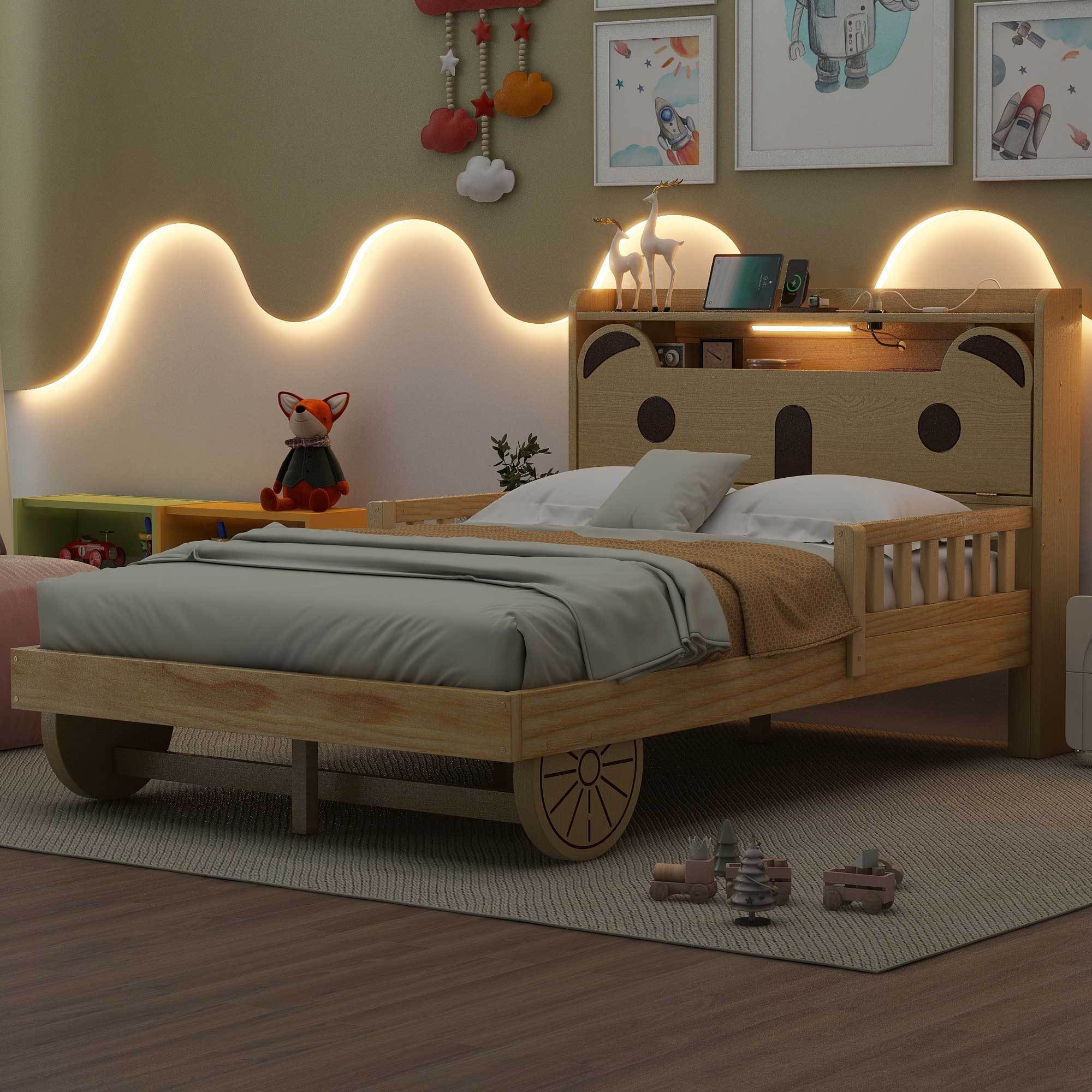 Full Size Car Bed with Bear-Shaped Headboard, USB and LED, Natural - Atlantic Fine Furniture Melbourne FL