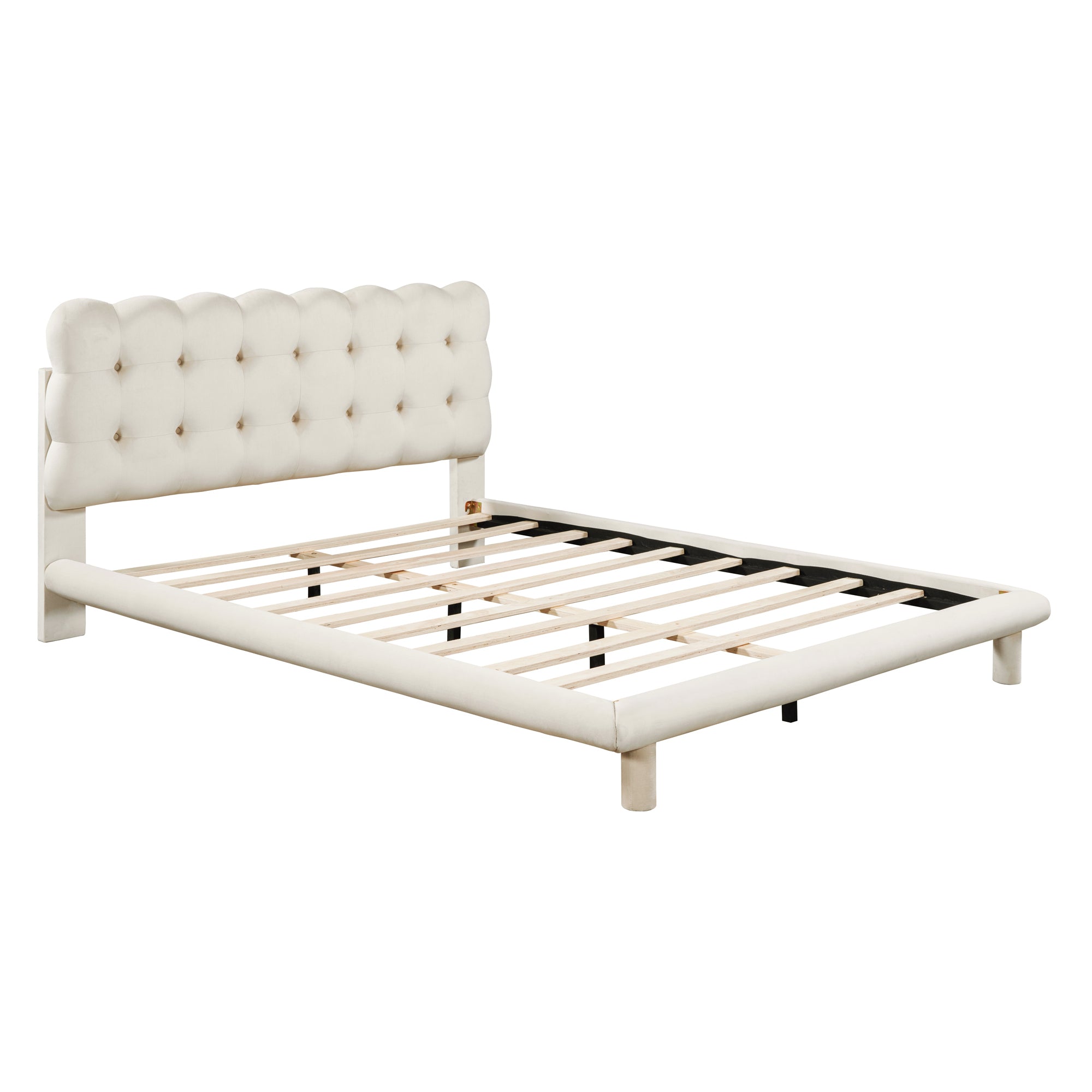 Queen Size Velvet Platform Bed with LED Frame, Thick & Soft Fabric and Button-tufted Design Headboard, Beige - Atlantic Fine Furniture Melbourne FL