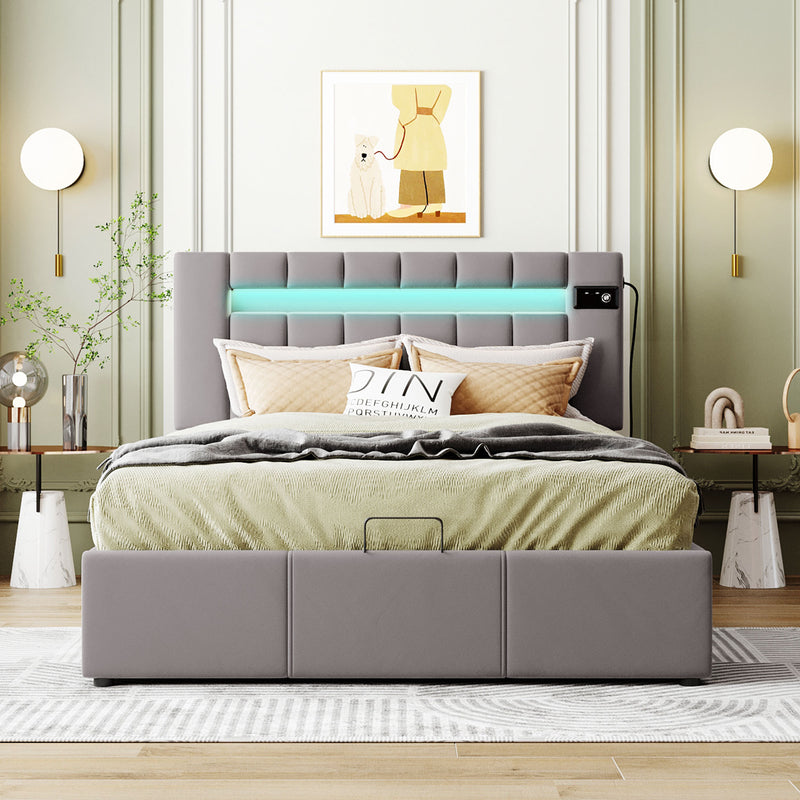 Upholstered Bed Full Size with LED light, Bluetooth Player and USB Charging, Hydraulic Storage Bed in Gray Velvet Fabric