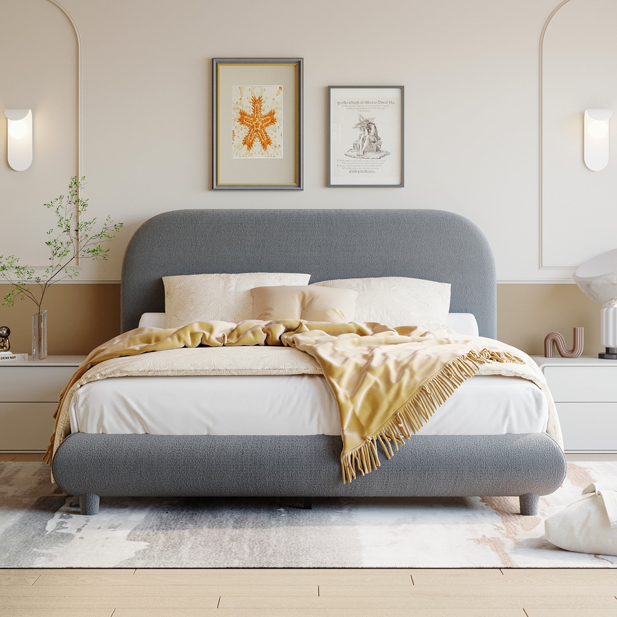 Teddy Fleece Full Size Upholstered Platform Bed with Thick Fabric, Solid Frame and Stylish Curve-shaped Design, Gray - Atlantic Fine Furniture Melbourne FL