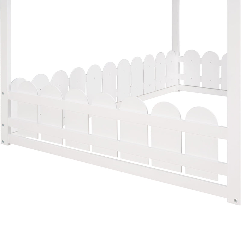 (Slats Are Not Included) Full Size Wood Bed House Bed Frame With Fence, For Kids, Teens, Girls, Boys (White )
