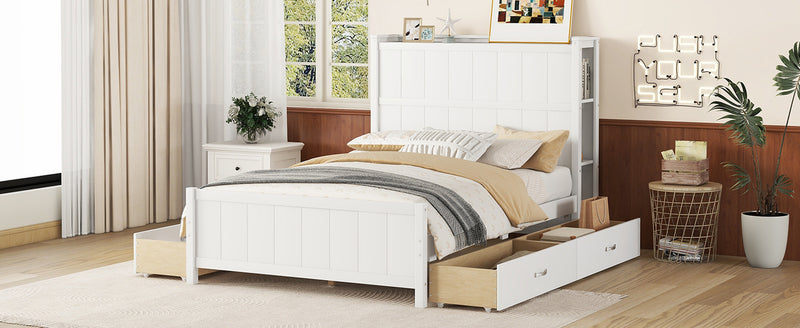 Full Size Platform Bed with Drawers and Storage Shelves, White