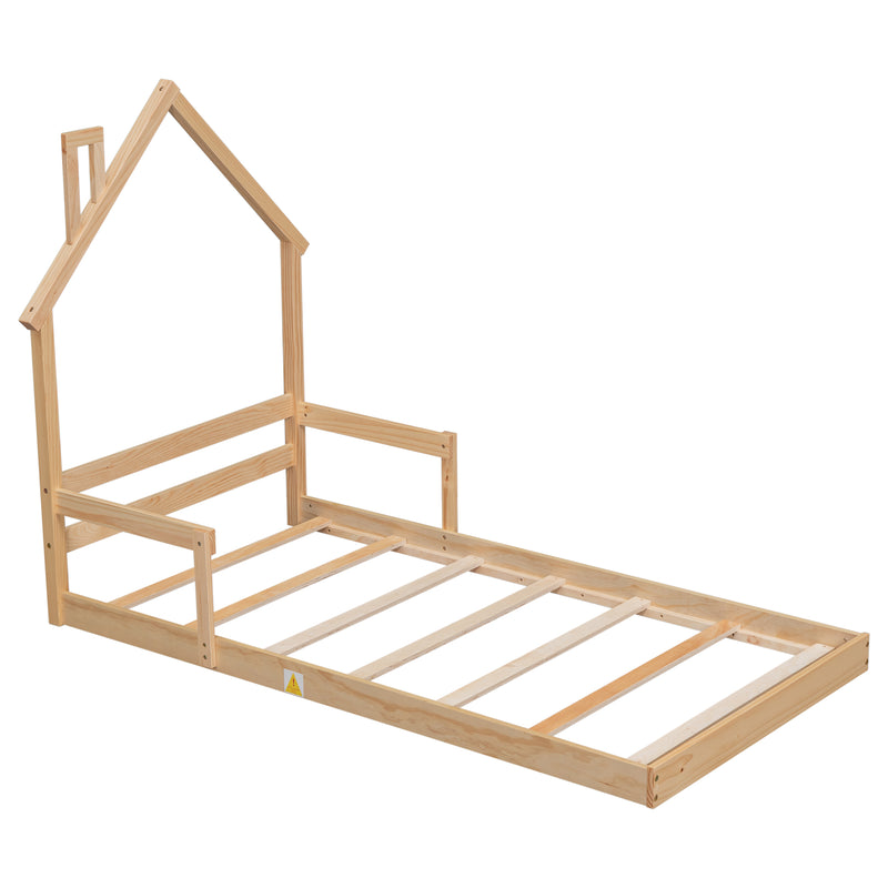 Twin House-Shaped Headboard Floor Bed with Handrails ,slats ,Natural