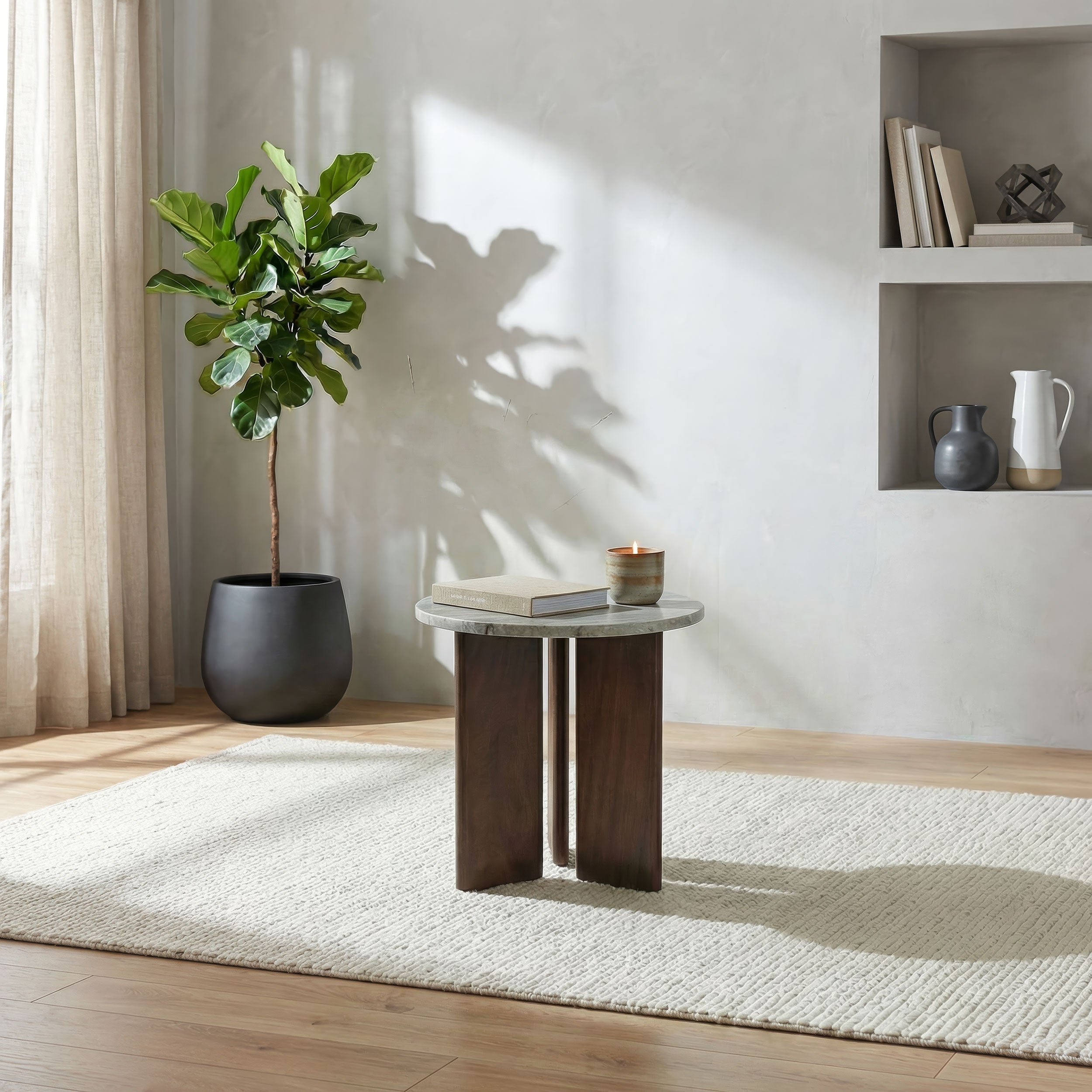 Jenna Round Marble Top Mango Wood Side End Table Brown — view 2