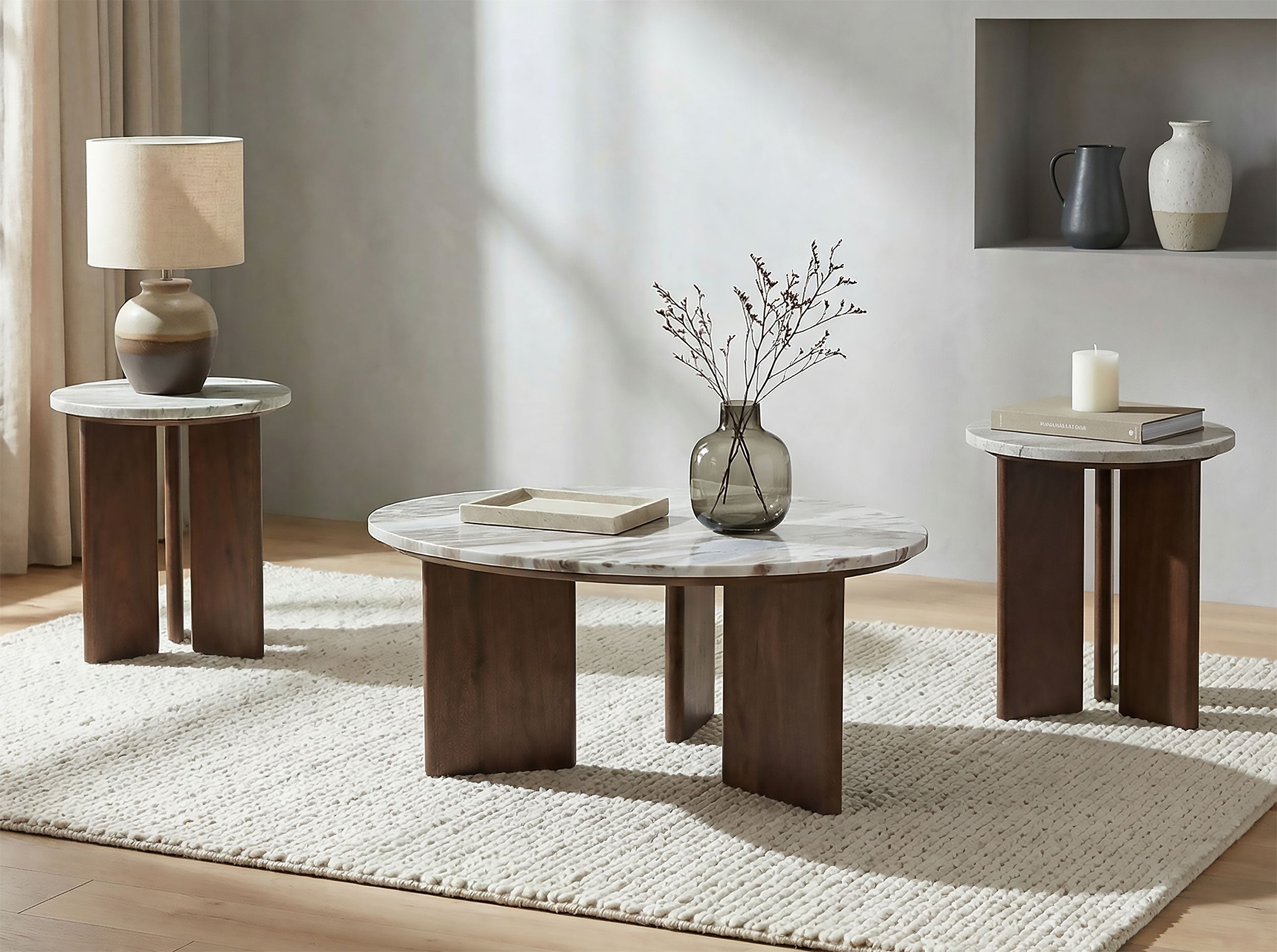 Jenna 3-piece Round Marble Top Coffee Table Set Brown — view 1