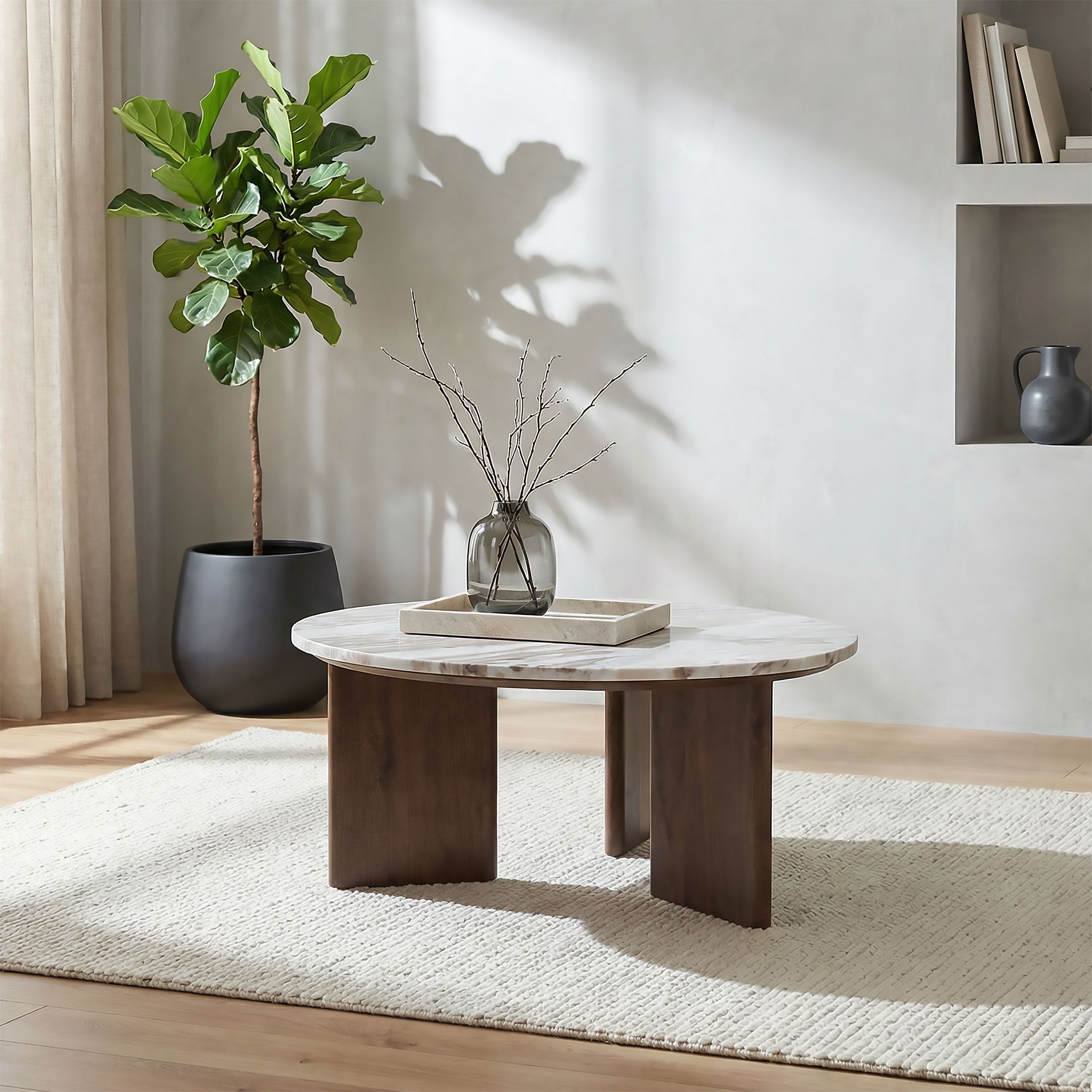 Jenna 35-inch Round Marble Top Cocktail Coffee Table Brown — view 2