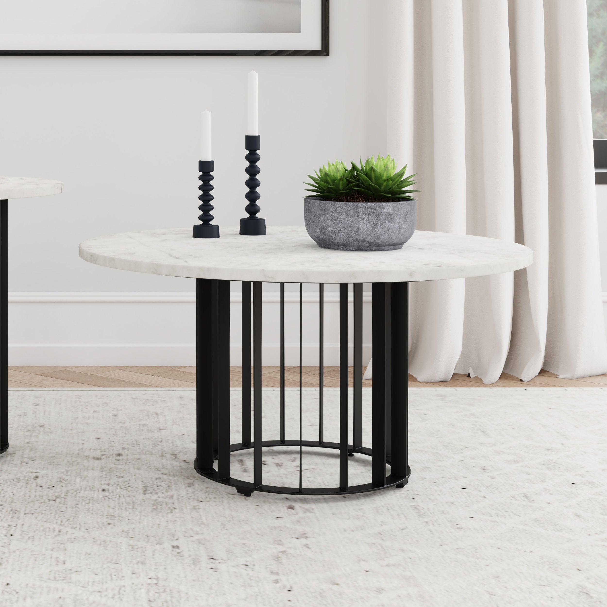 Haven Round Genuine White Marble Top Coffee Table Black — view 2