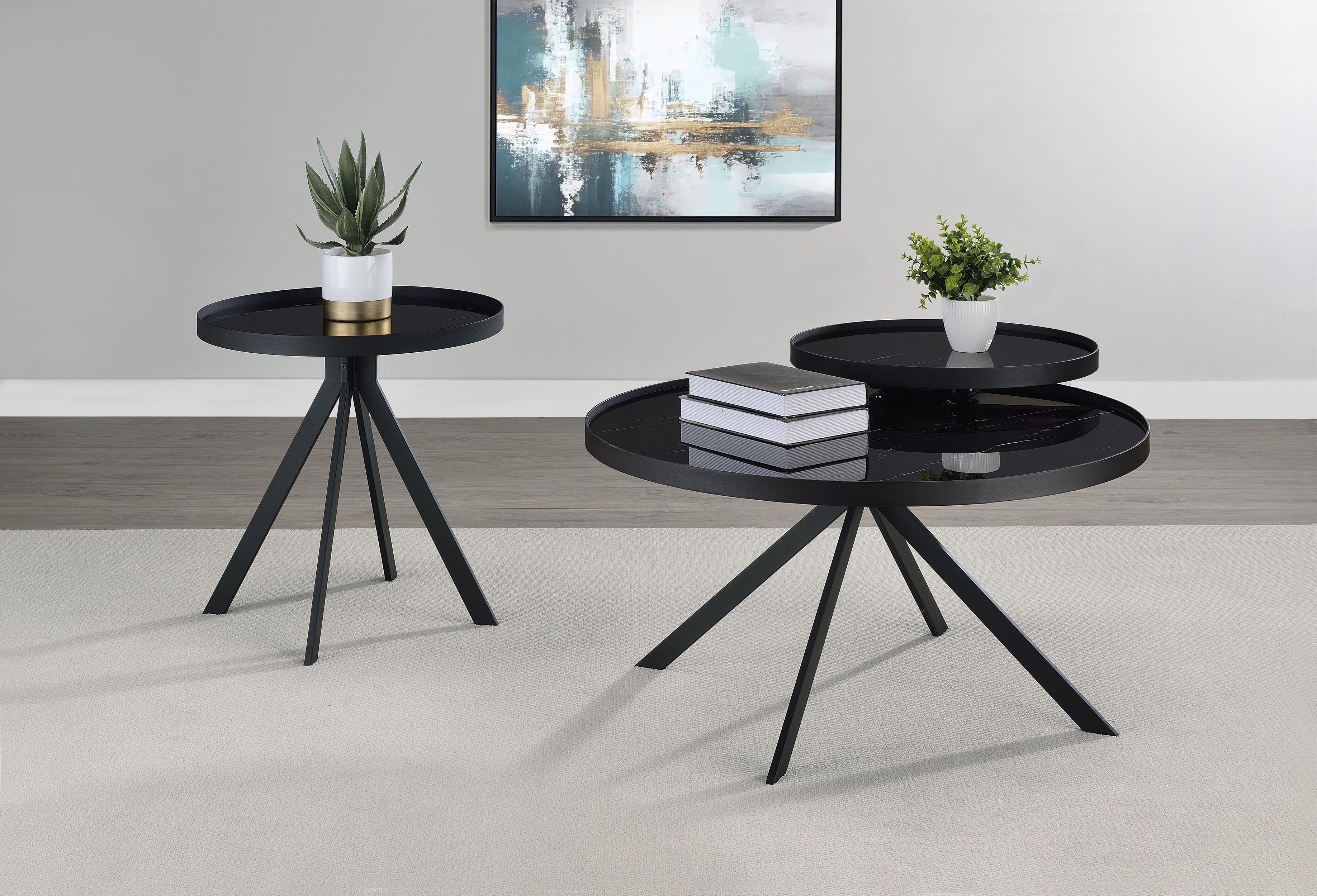 Briggs Round Marble Printed Glass Top End Table Black — view 11