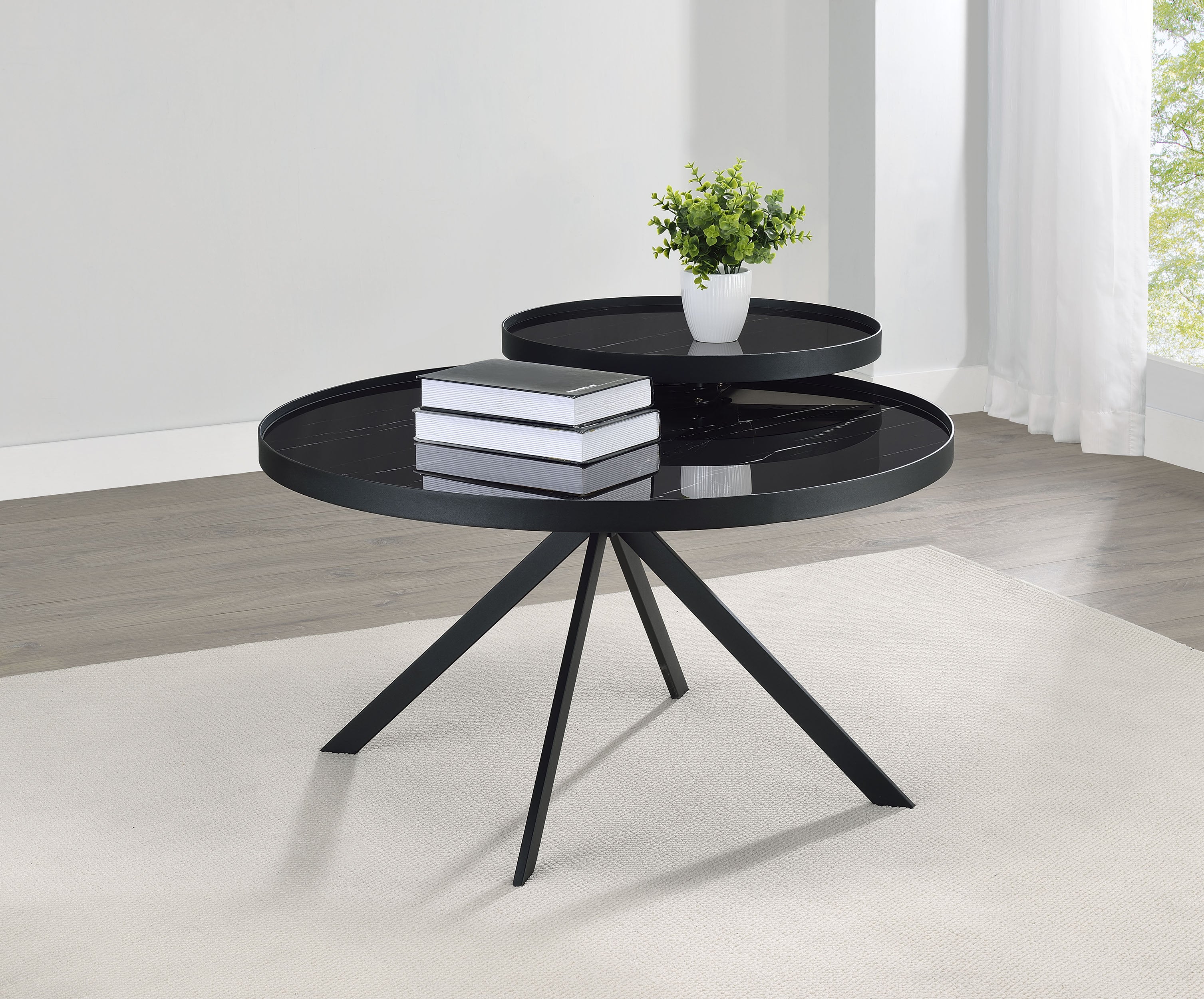 Briggs Round Marble Printed Glass Top Coffee Table Black — view 3
