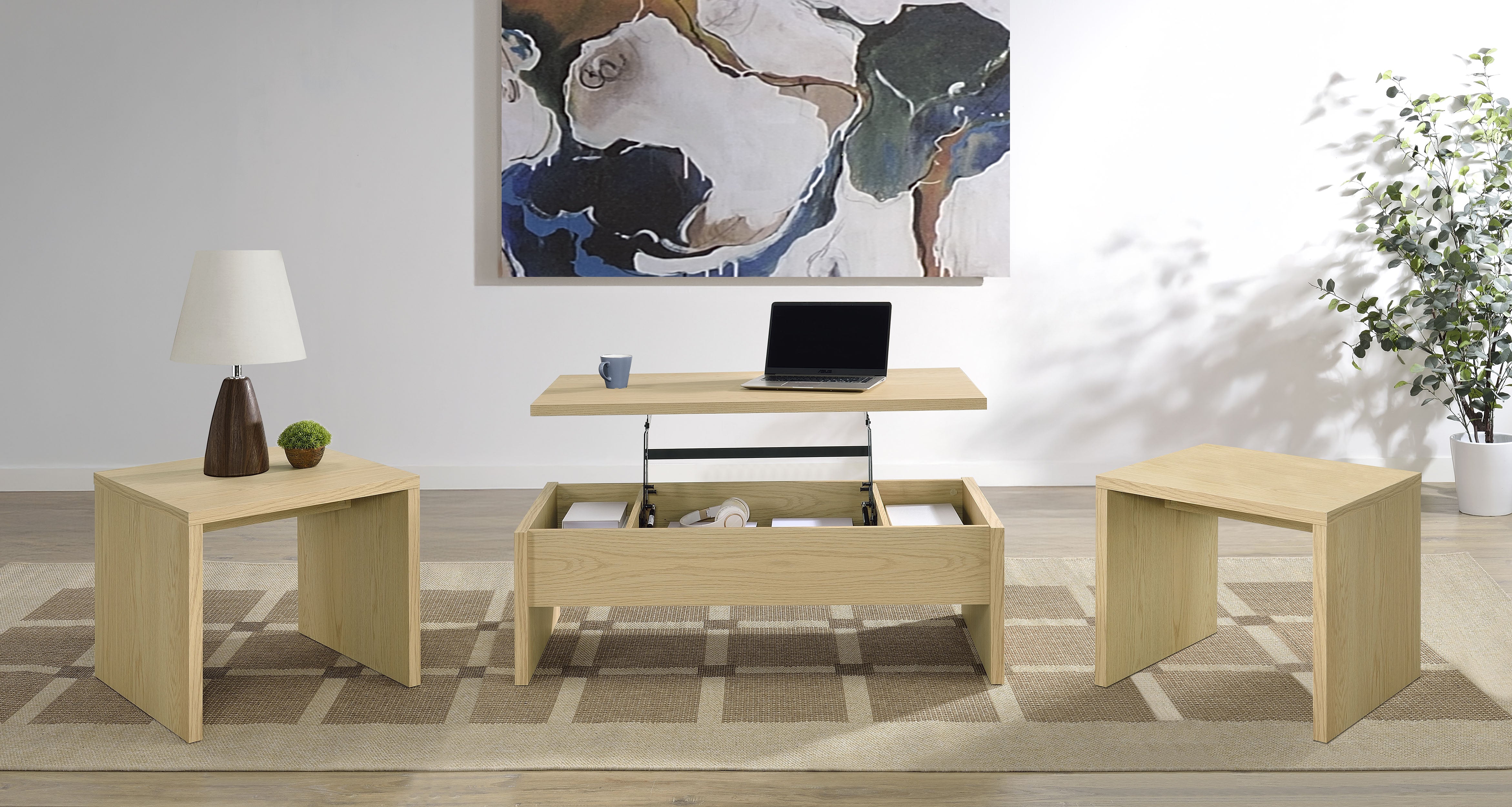 Canoga 3-piece Lift Top Cocktail Coffee Table Set Light Oak — view 1
