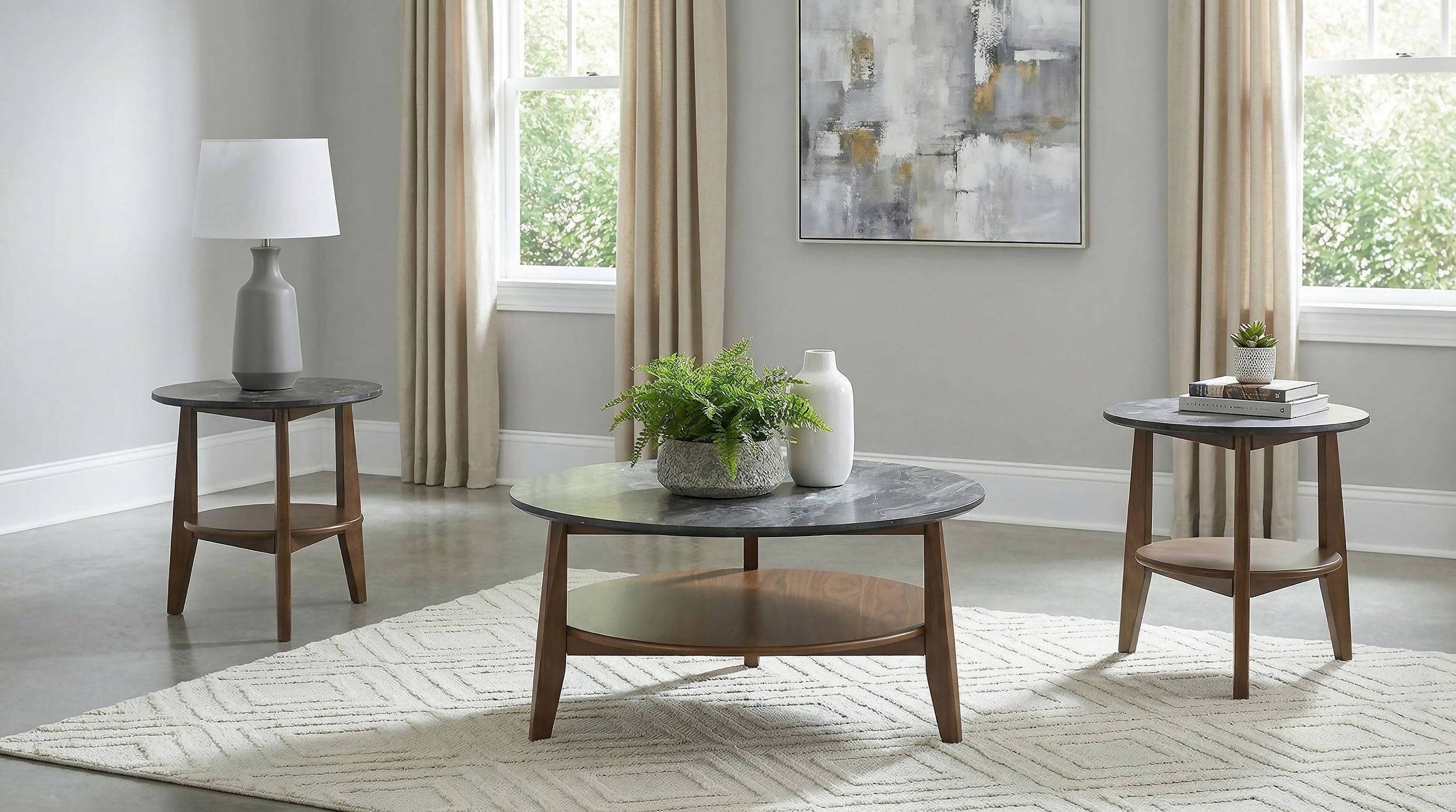 Bradley 3-Piece Round SmartTop Coffee Table Set Smokey Grey and Brown — view 1