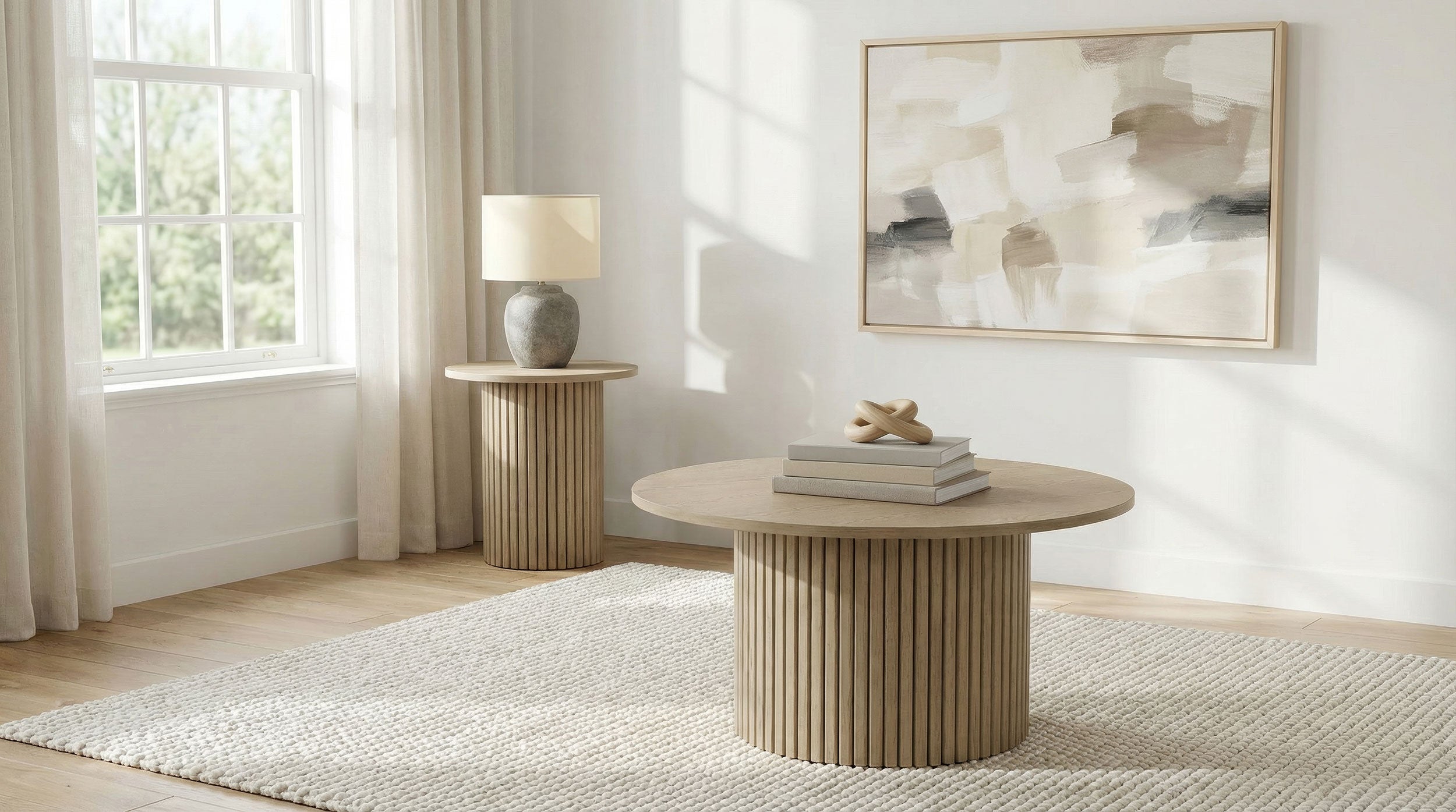 Hamlyn 2-piece Round Fluted Coffee and End Table Set Natural Oak — view 1