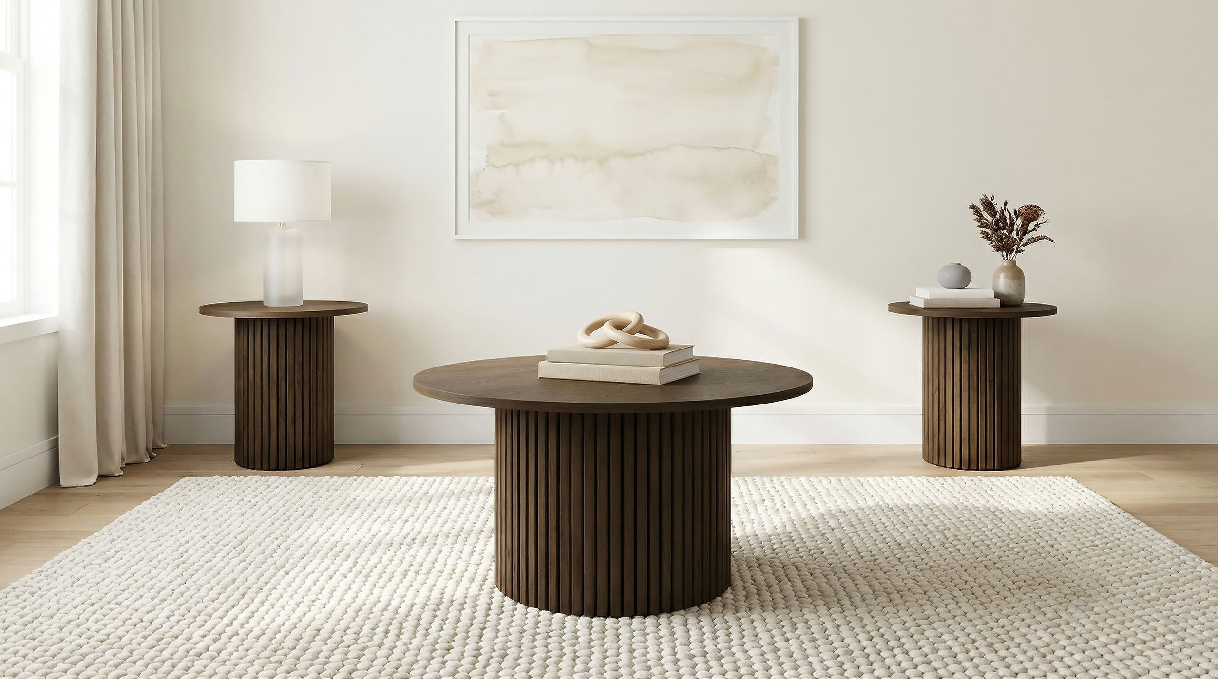 Hamlyn 3-piece Round Fluted Coffee and End Table Set Walnut — view 1