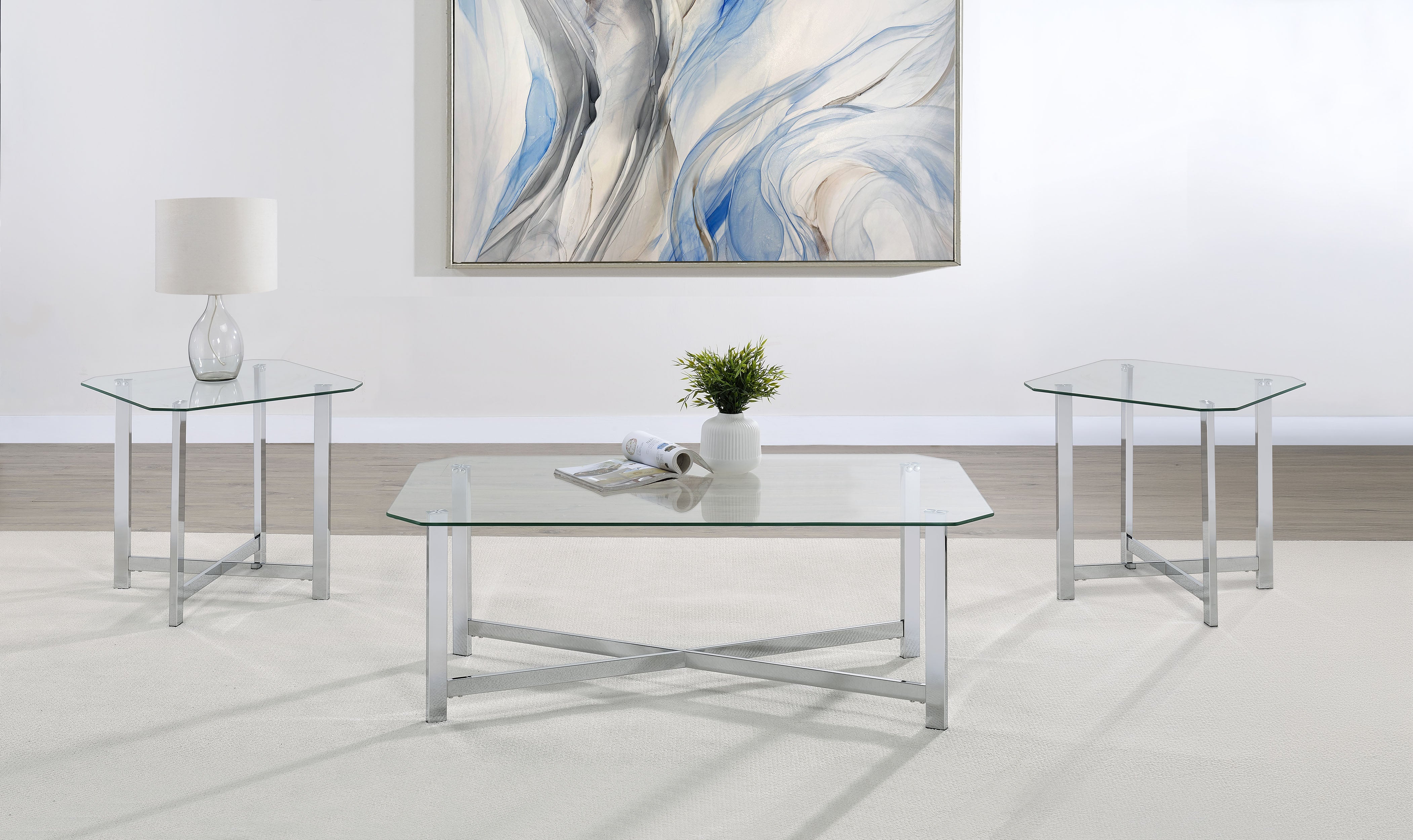 Cronin 3-piece Tempered Glass Top Coffee Table Set Chrome — view 1