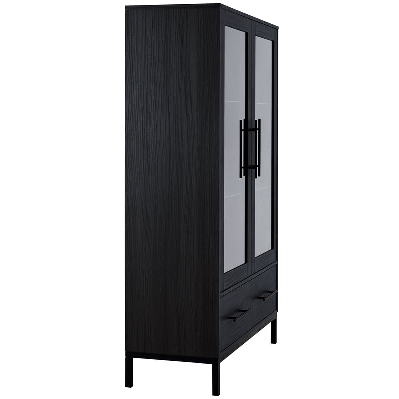 Modern Style Tall Display Cabinet With LED Lighting, Tempered Glass Door, 2 Drawers