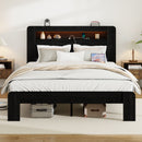 Wood Platform Bed Frame With Storage LED Light Headboard & USB