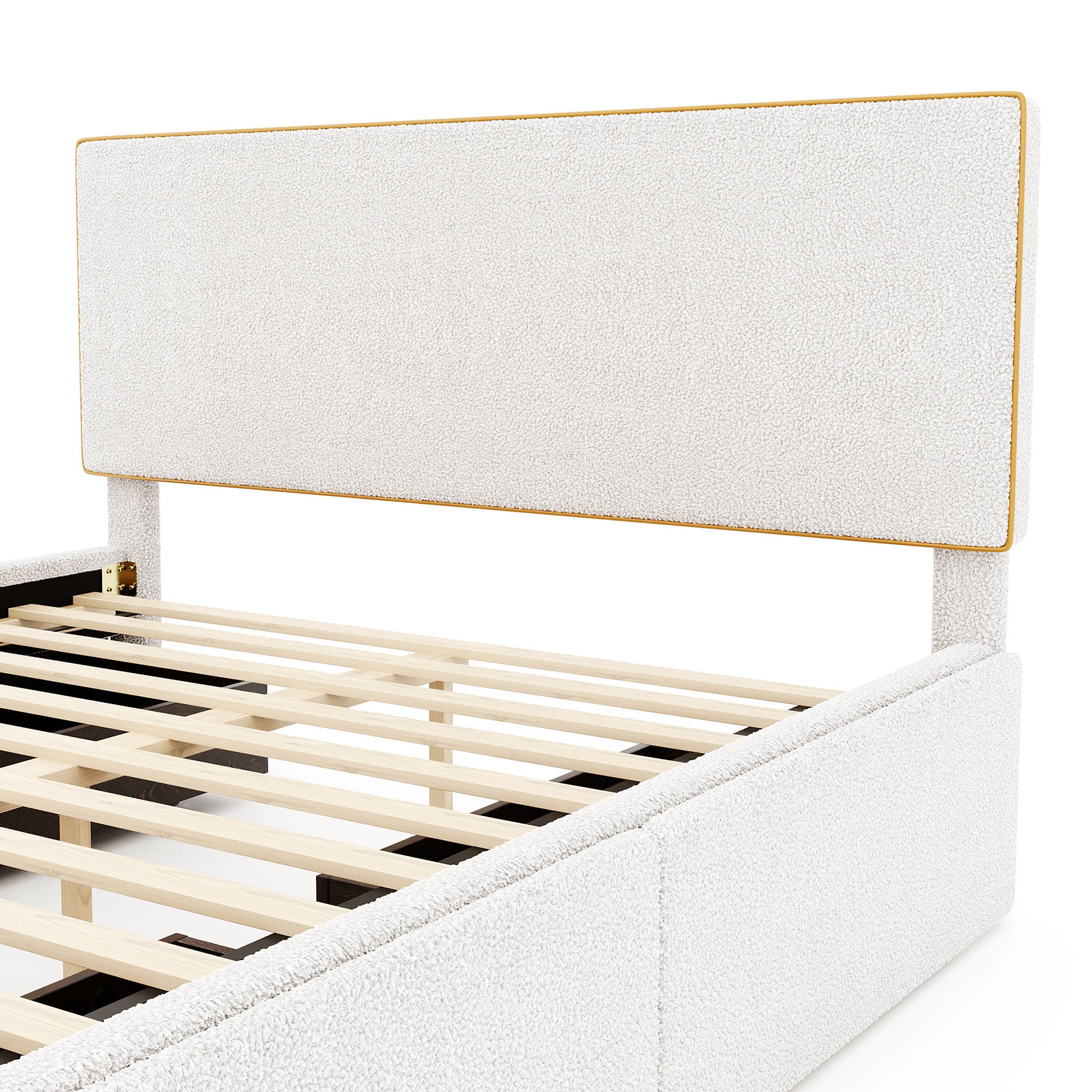 Full Size Upholstered Platform Bed with 4 Drawers and Golden Edge on the Headboard & Footboard, White - Atlantic Fine Furniture Melbourne FL