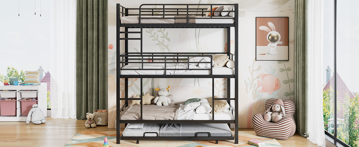 Metal Twin Size Triple Bunk Bed With Trundle, Black