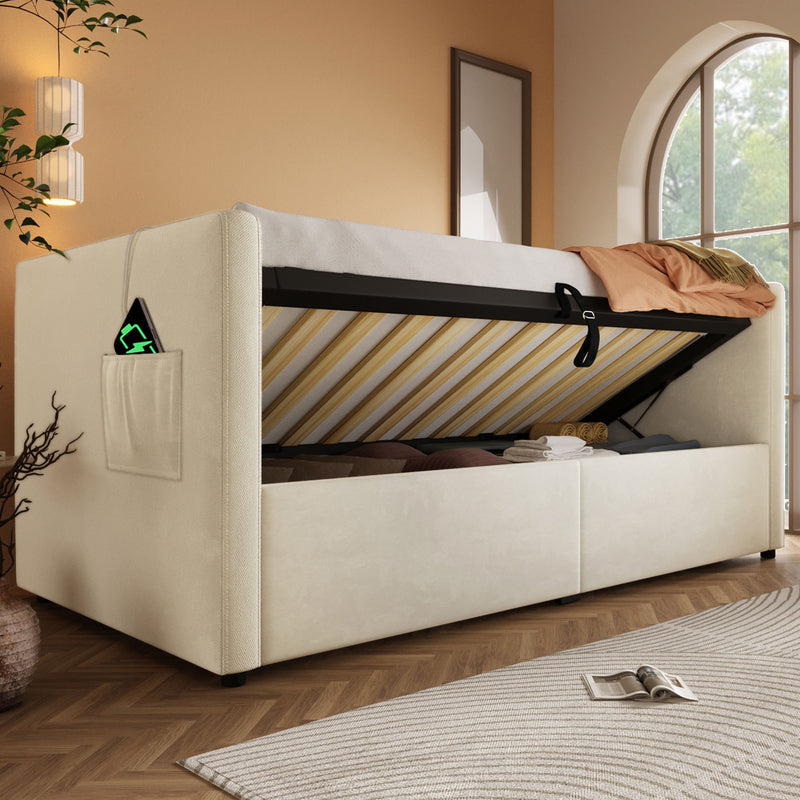Upholstered Hydraulic Storage Daybed With USB & Type C Charging