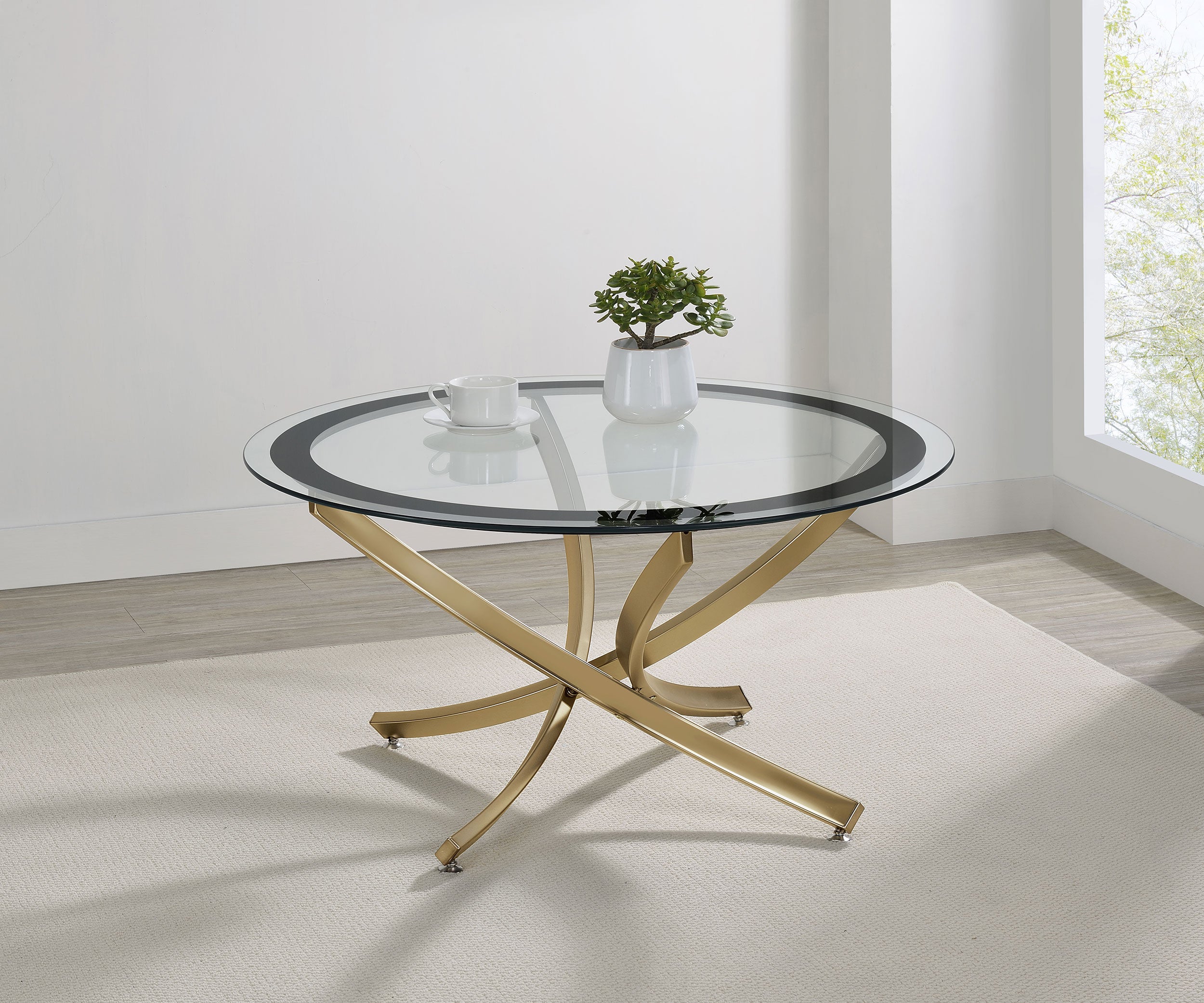 Brooke Round Glass Top Coffee Table Metal Base Brass — view 2