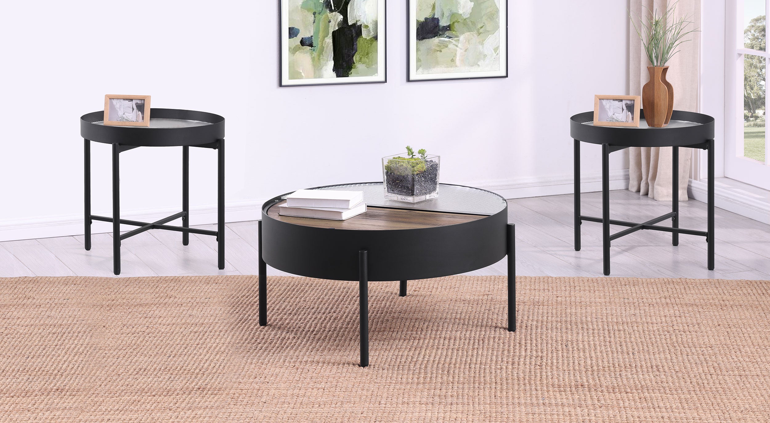 Ozella 3-piece Round Coffee and End Table Set Sandy Black — view 1