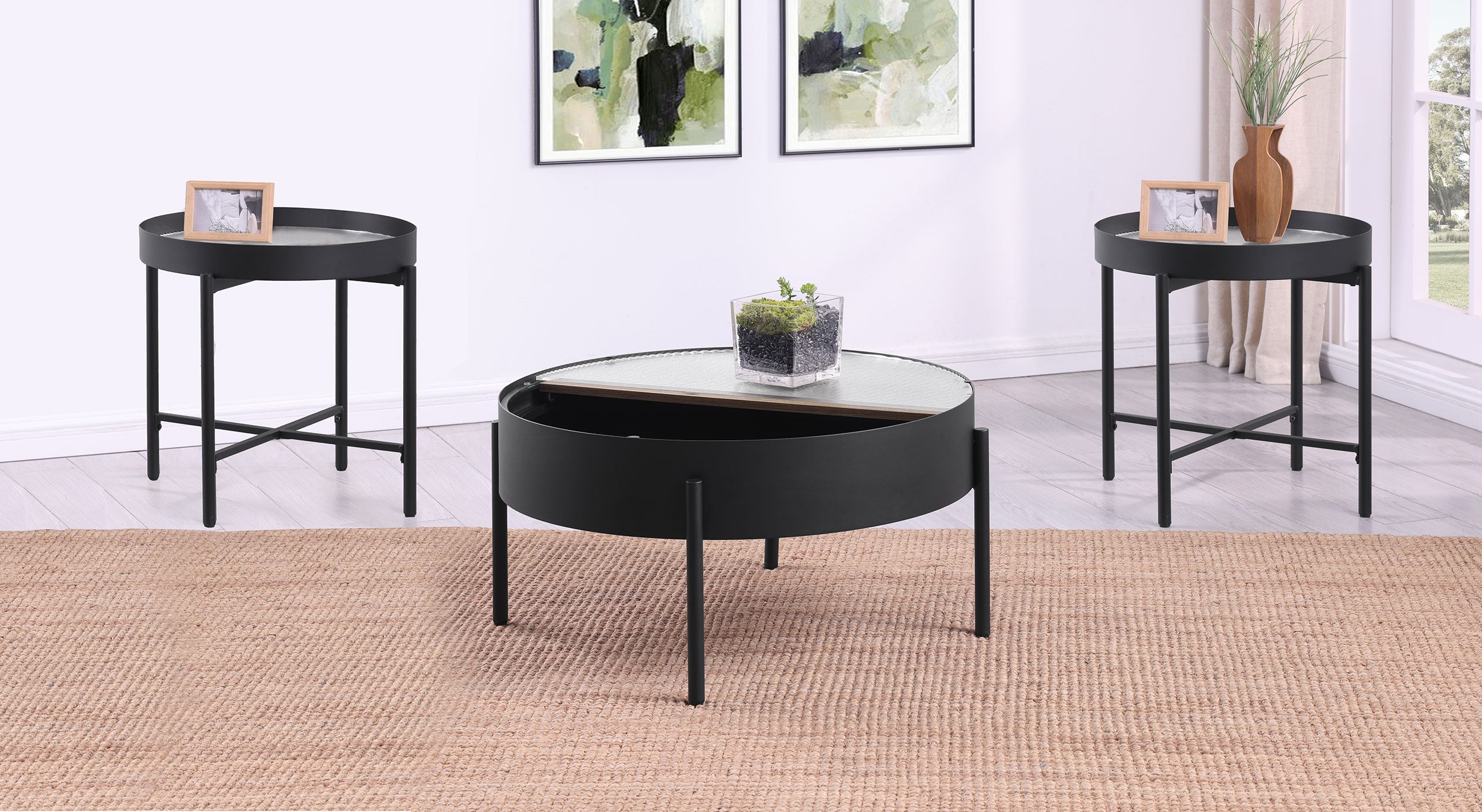 Ozella 3-piece Round Coffee and End Table Set Sandy Black — view 3