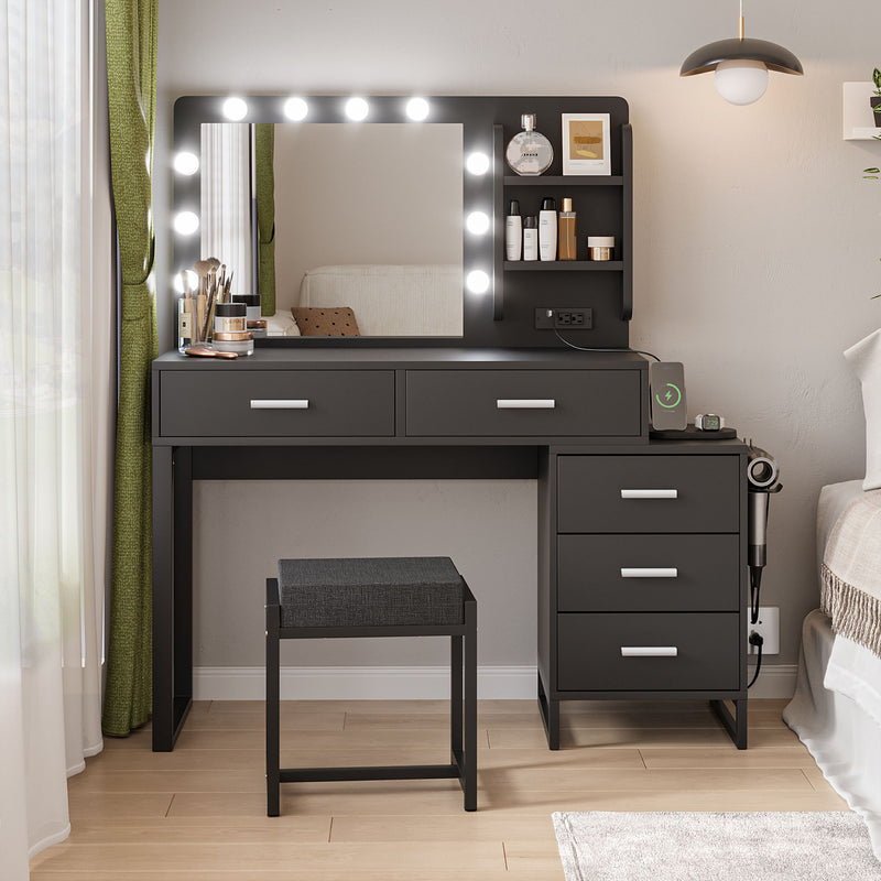 Vanity Desk With Lights, Makeup Vanity Set With Charging Station, Dressing Table With 5 Drawers And Cabinet, Vanity Mirror 3 Lighting Color Adjustable - Black