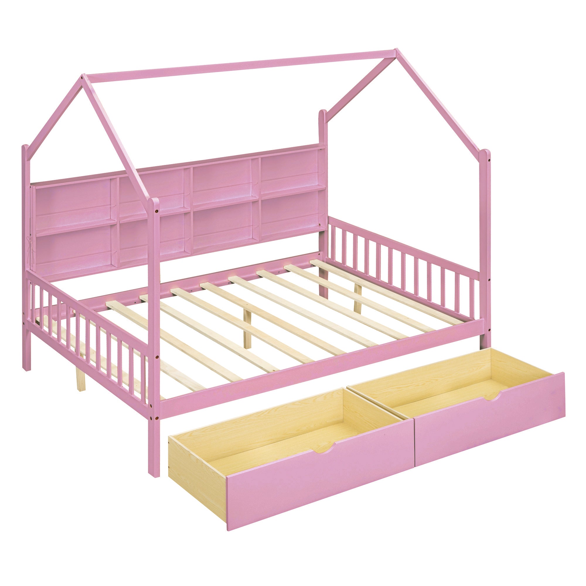 Wooden Full Size House Bed with 2 Drawers,Kids Bed with Storage Shelf, Pink - Atlantic Fine Furniture Melbourne FL