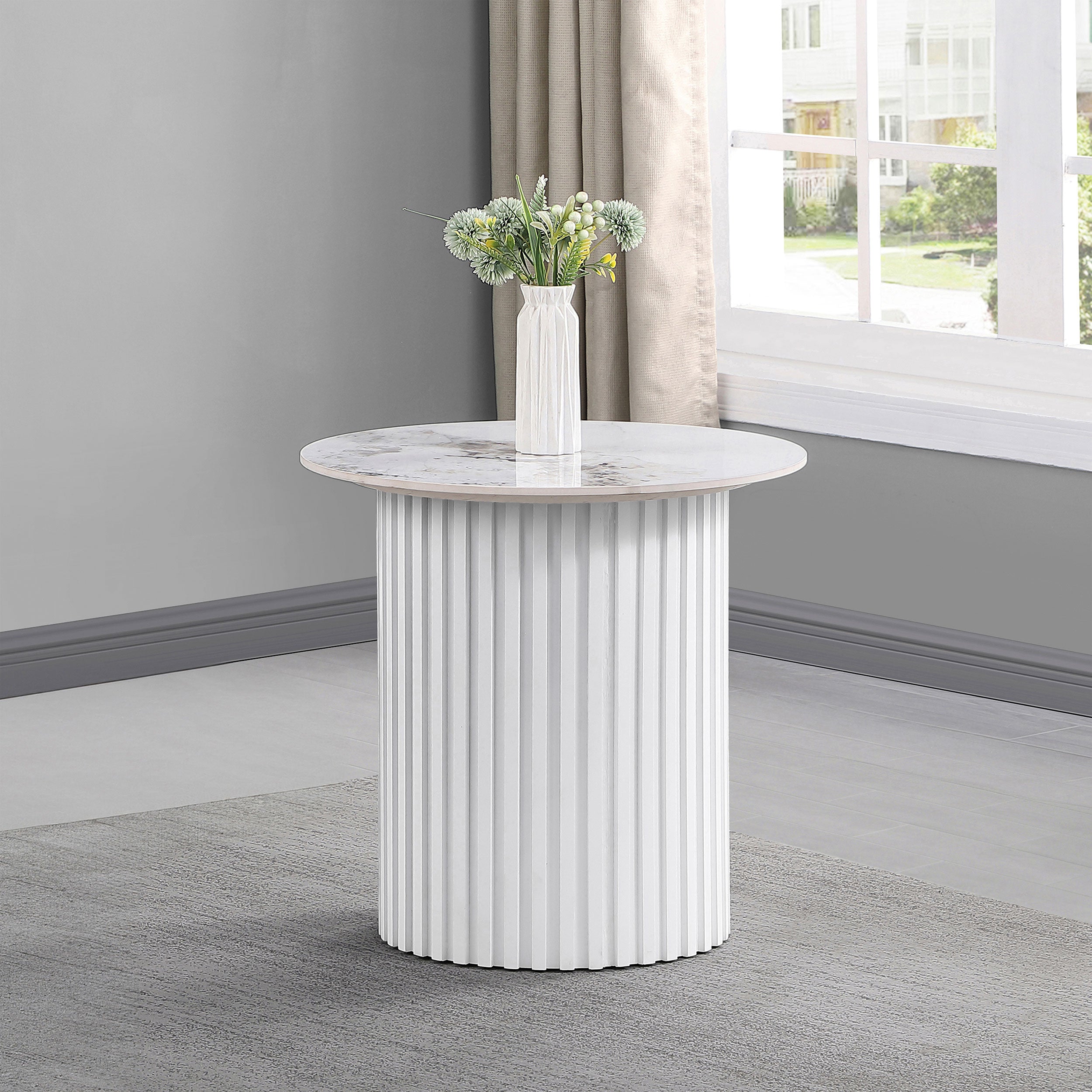 Rowena Round Sintered Stone End Table White Faux Marble — view 2