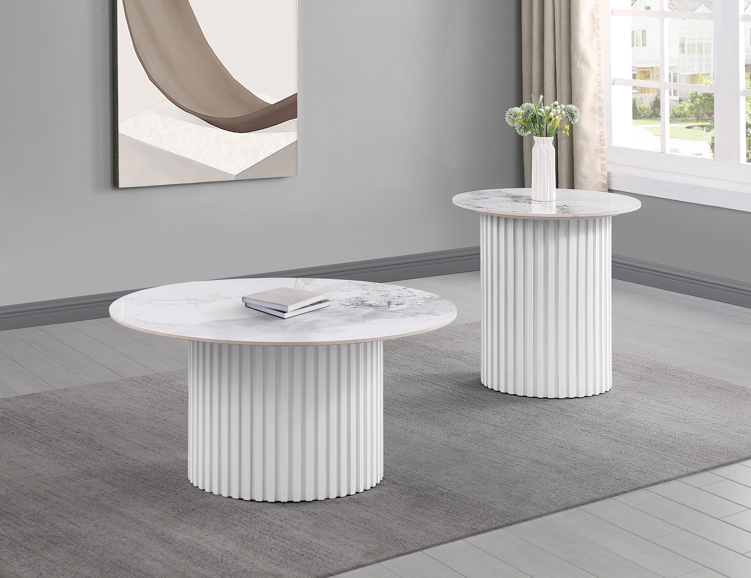 Rowena Round Sintered Stone End Table White Faux Marble — view 5