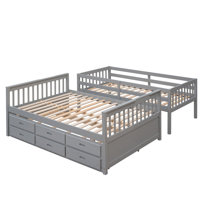 Twin-Over-Full Bunk Bed with Twin size Trundle , Separable Bunk Bed with Drawers for Bedroom - Gray