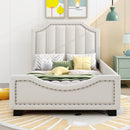 Twin Size Upholstered Platform Bed with Nailhead Trim Decoration and Guardrail, Beige