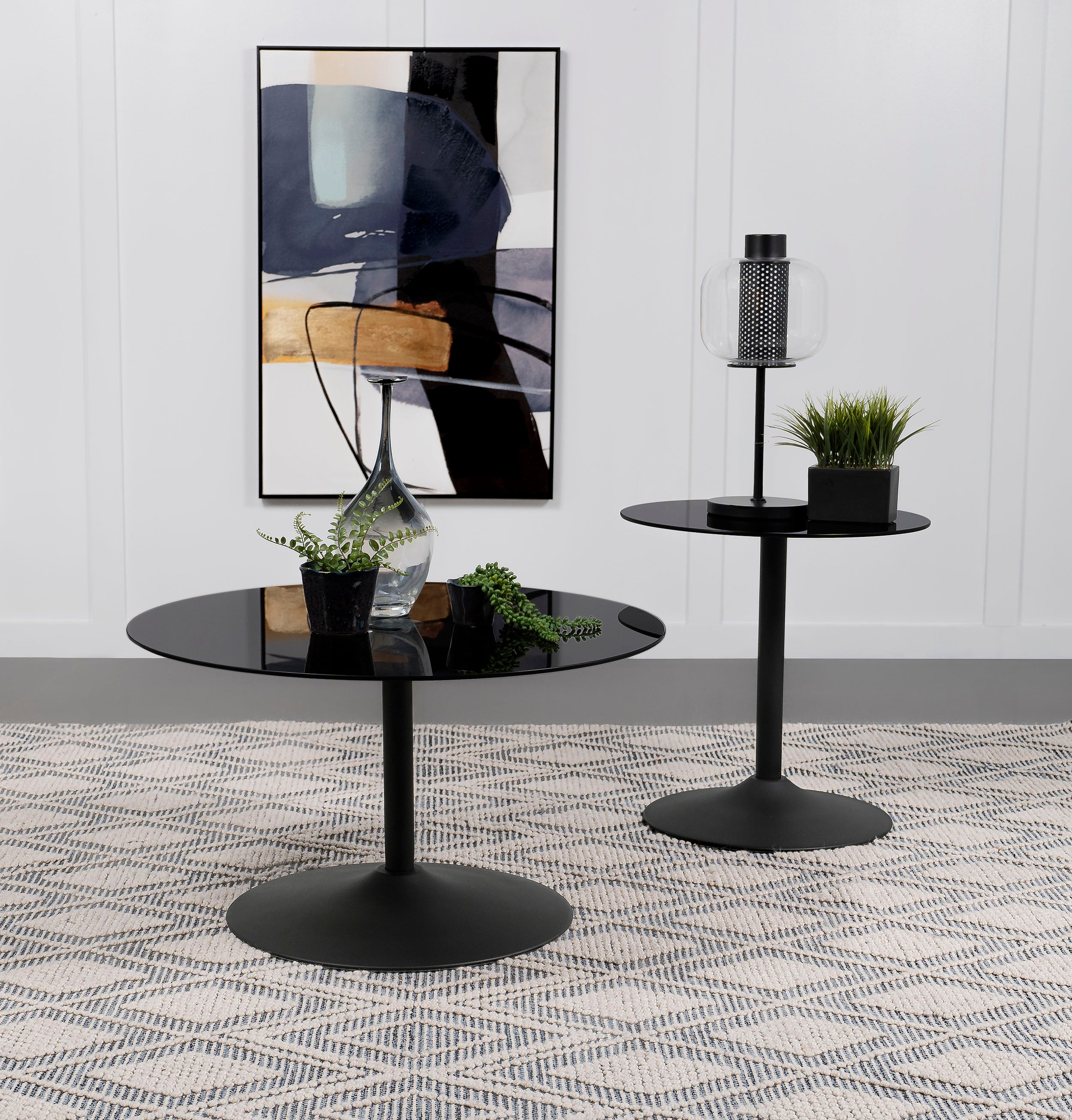 Ganso 2-piece Round Glass Top Coffee and End Table Set Black — view 1
