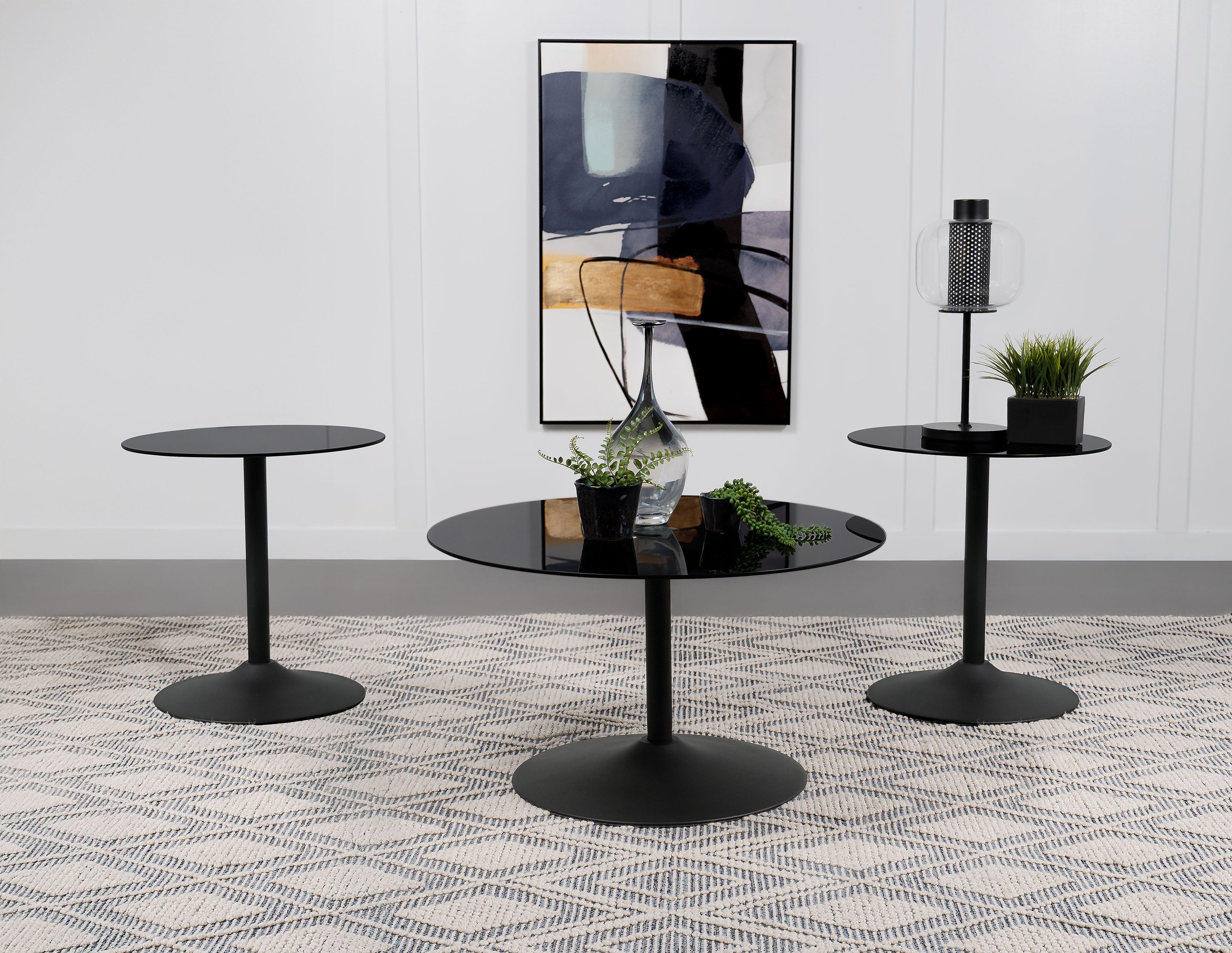Ganso 3-piece Round Glass Top Coffee and End Table Set Black — view 1