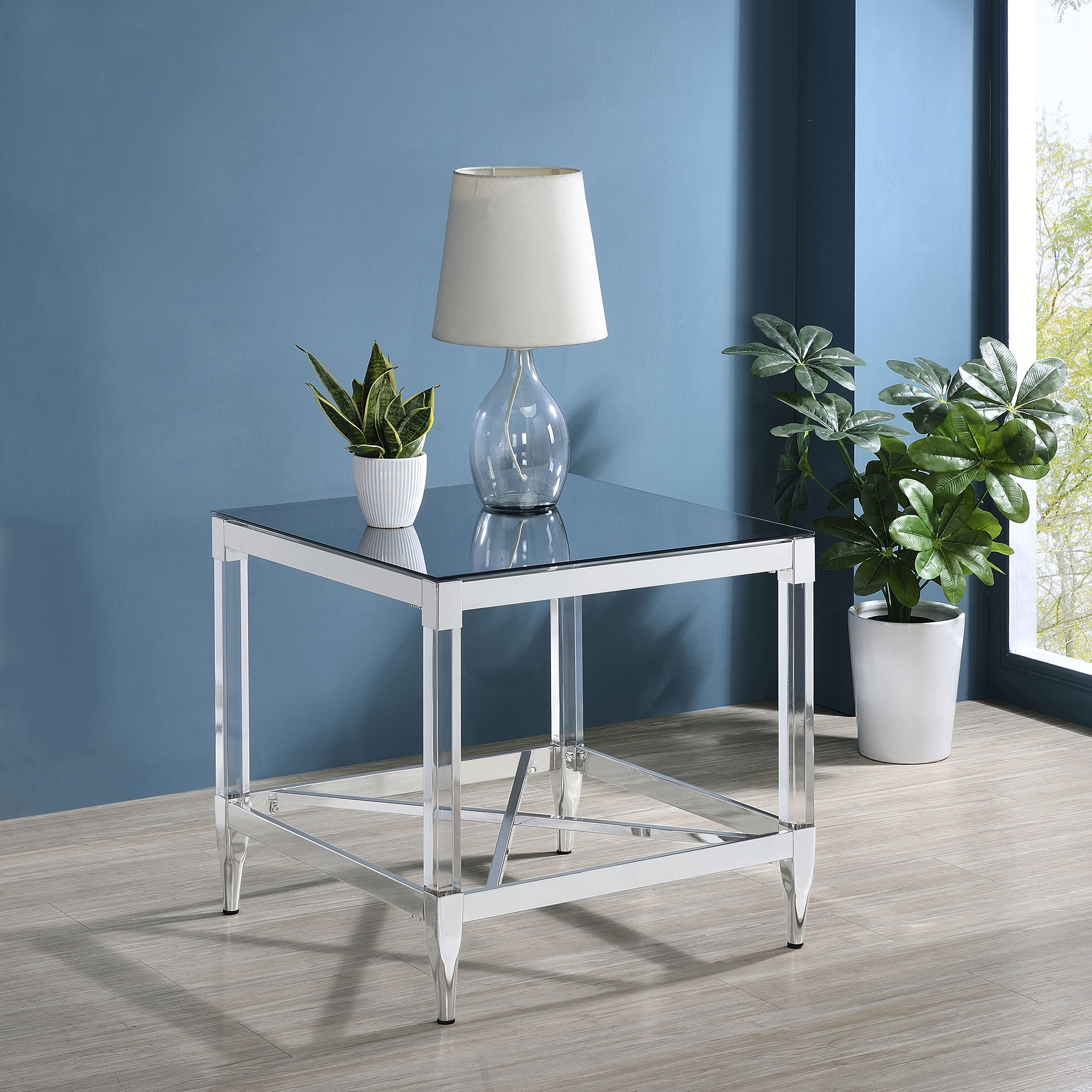 Lindley Square Tempered Mirror Acrylic Side End Table Chrome — view 2