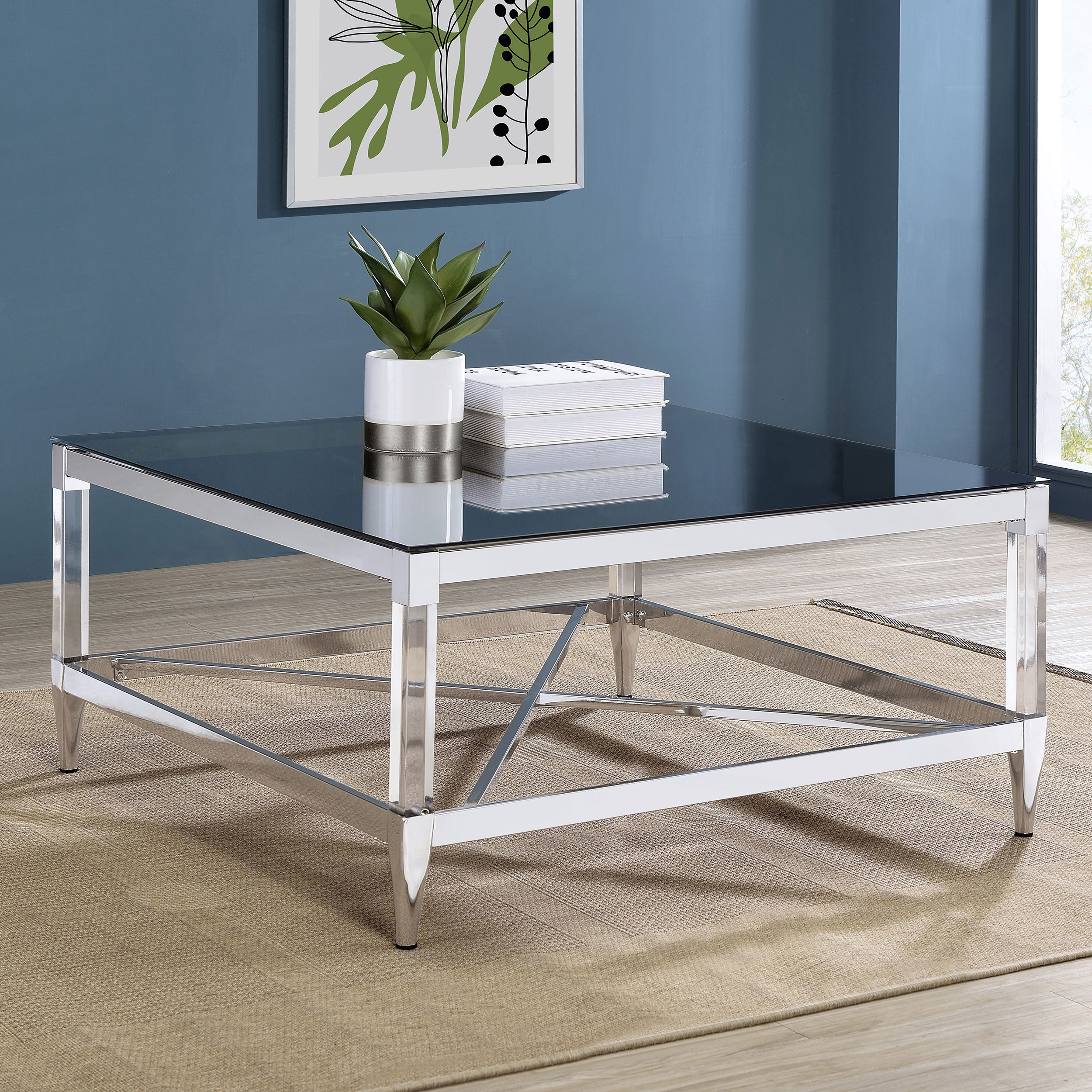 Lindley Square Tempered Mirror Acrylic Coffee Table Chrome — view 2