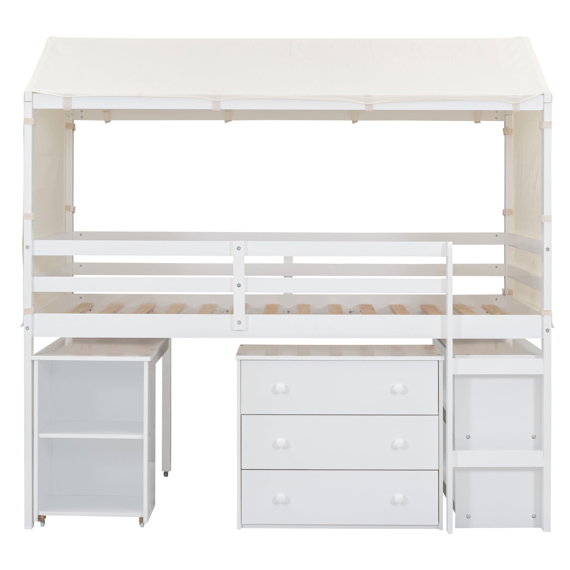 Twin Size Loft Bed with Rolling Cabinet, Shelf and Tent - White - Atlantic Fine Furniture Melbourne FL