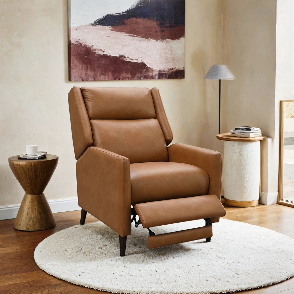 Brown Finish Mid-Century Modern Pushback Manual Recliner Tapered Legs
