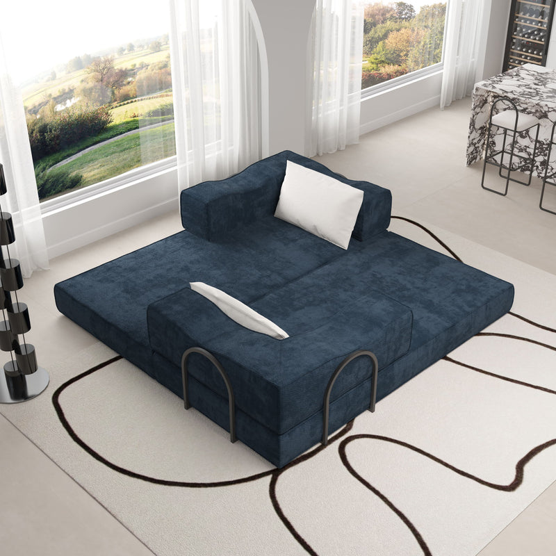 Convertible Couch Bed With 2 Pillows, 3 Seat Folding Floor Couch & King Size Bed Mattress, Diy Combination - Blue