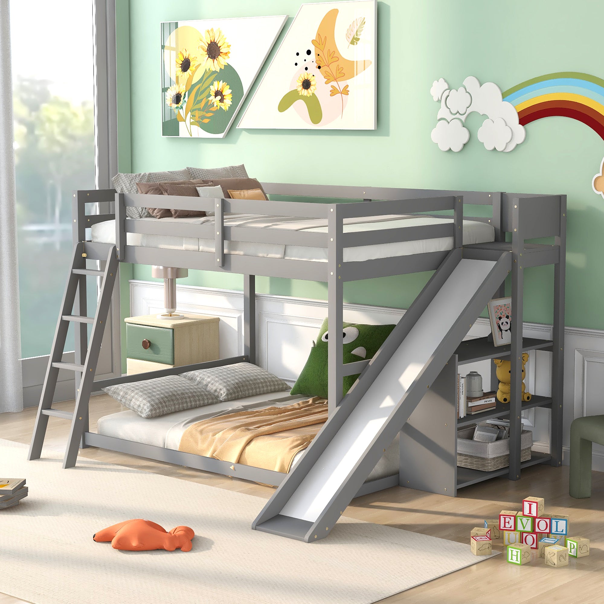 Full over Full Bunk Bed with Ladder, Slide and Shelves, Gray - Atlantic Fine Furniture Melbourne FL